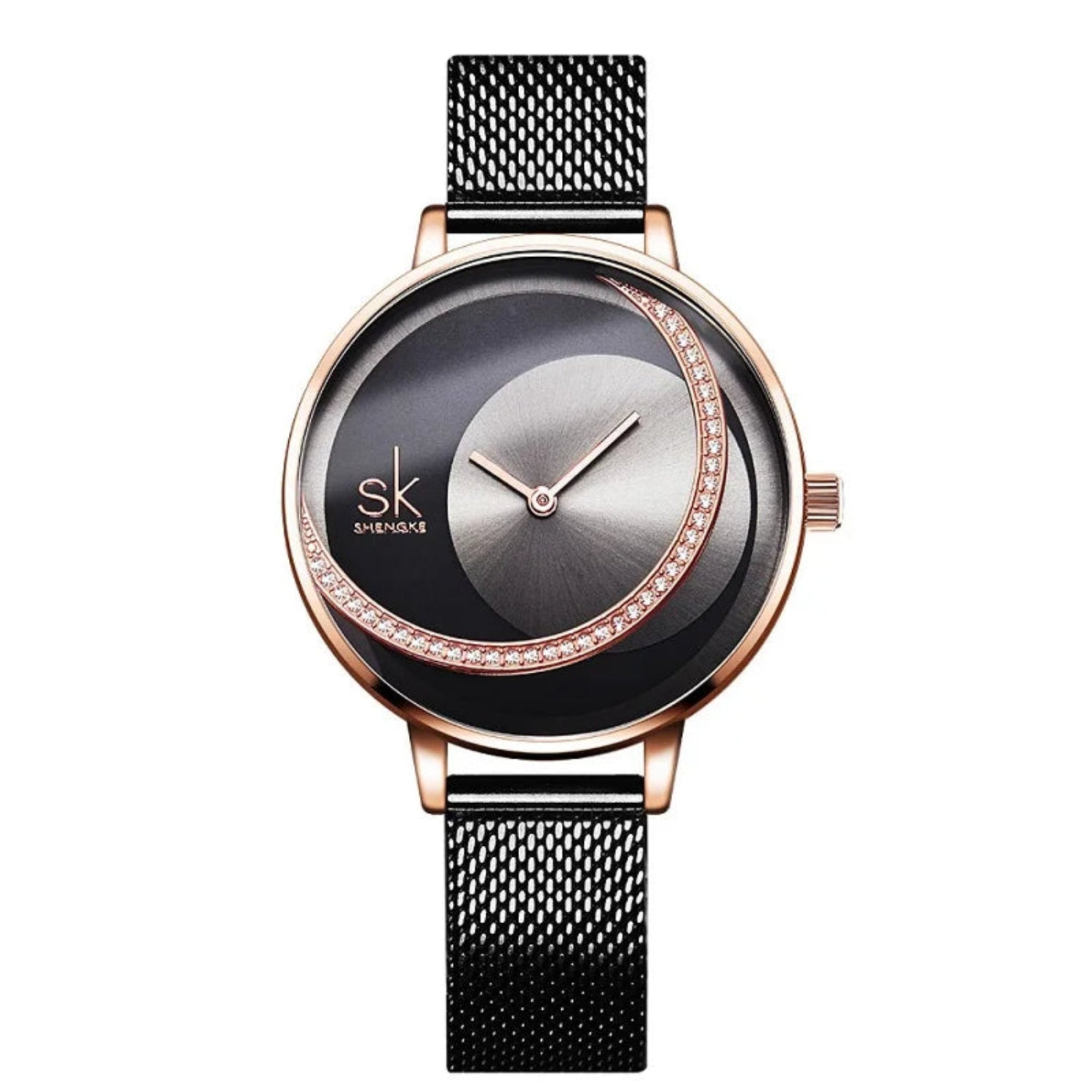 Luxury watch with black mesh strap and rose gold casing on a white background
