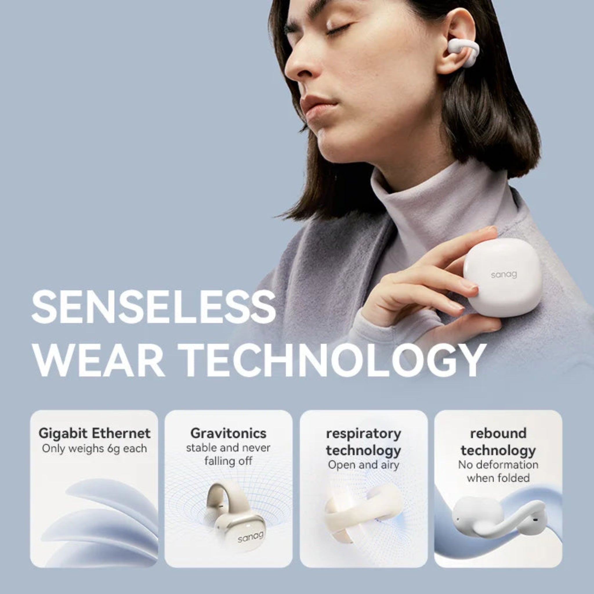 Person wearing wireless earbuds with 'Senseless Wear Technology' features displayed.