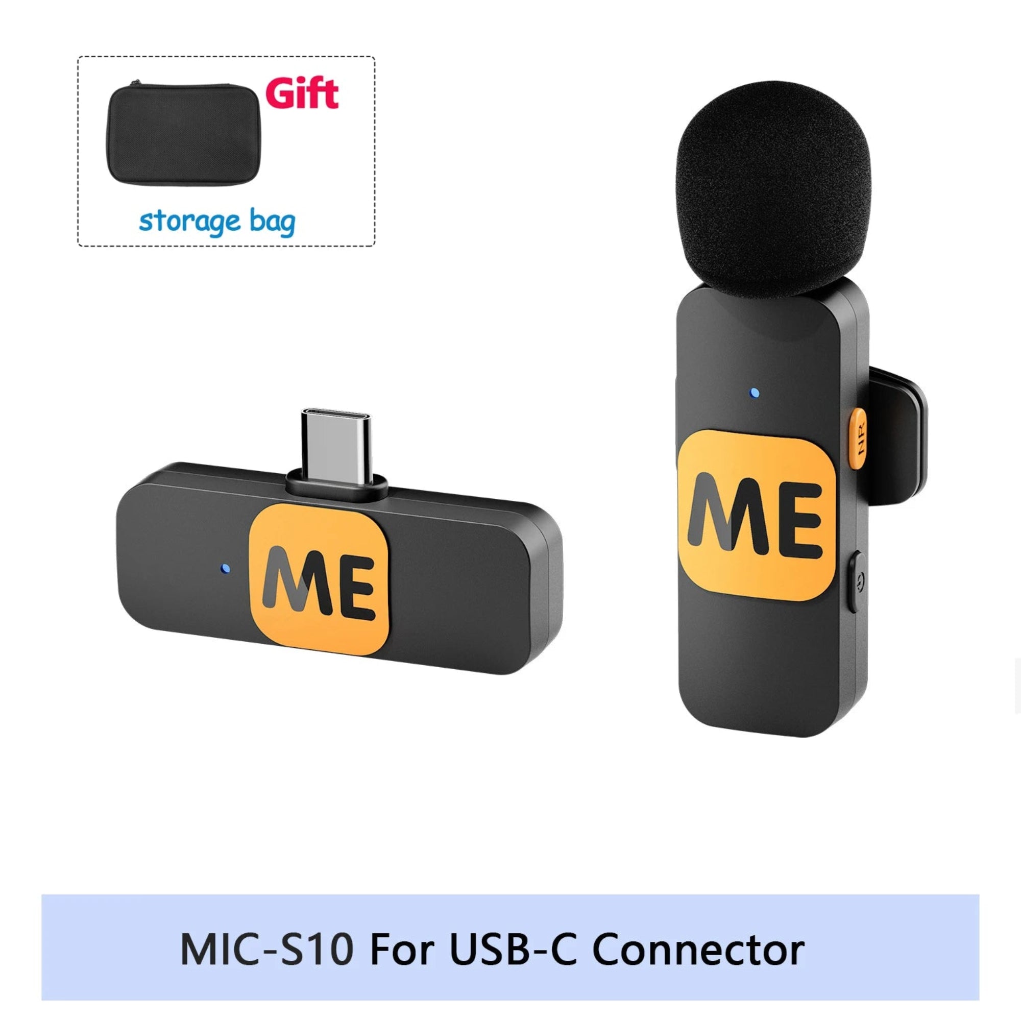 Wireless microphone system with USB-C connector and storage bag on a white background