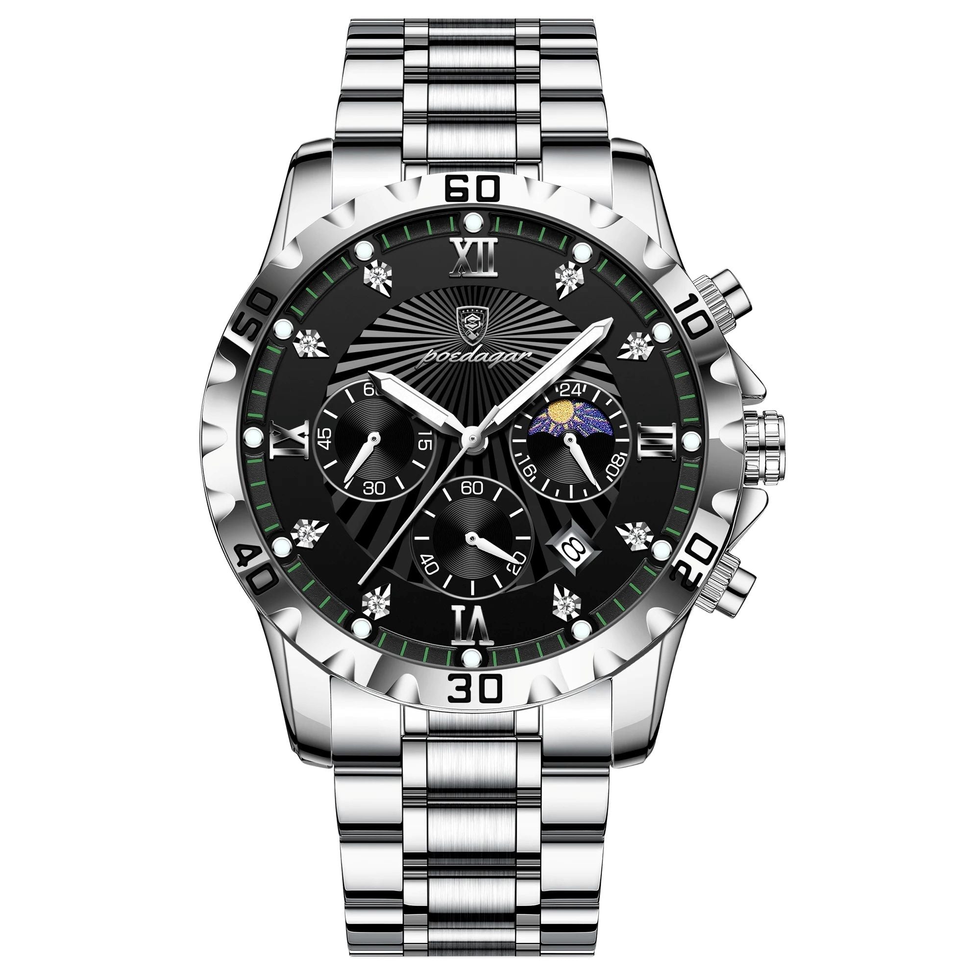 Silver wristwatch with a black dial on a white background