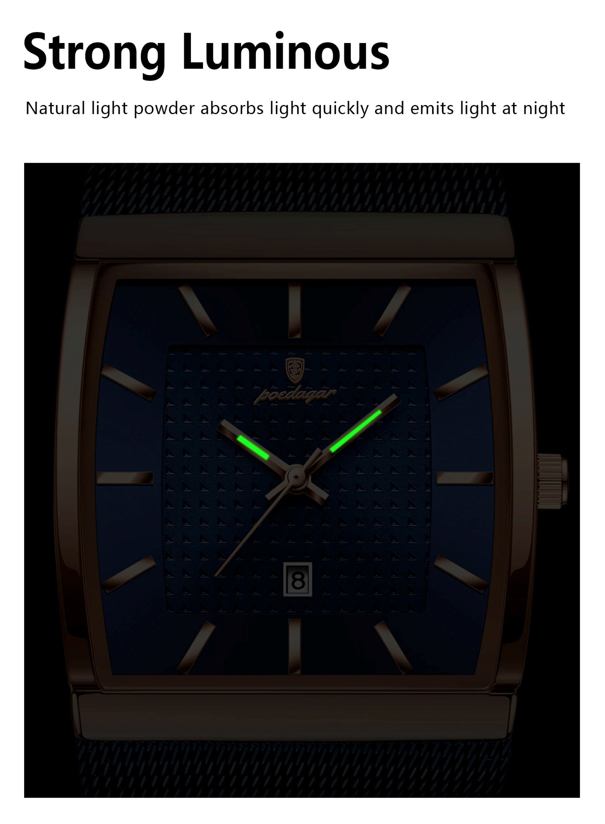 Watch with glowing green second hand on a dark background, highlighting 'Strong Luminous' feature.