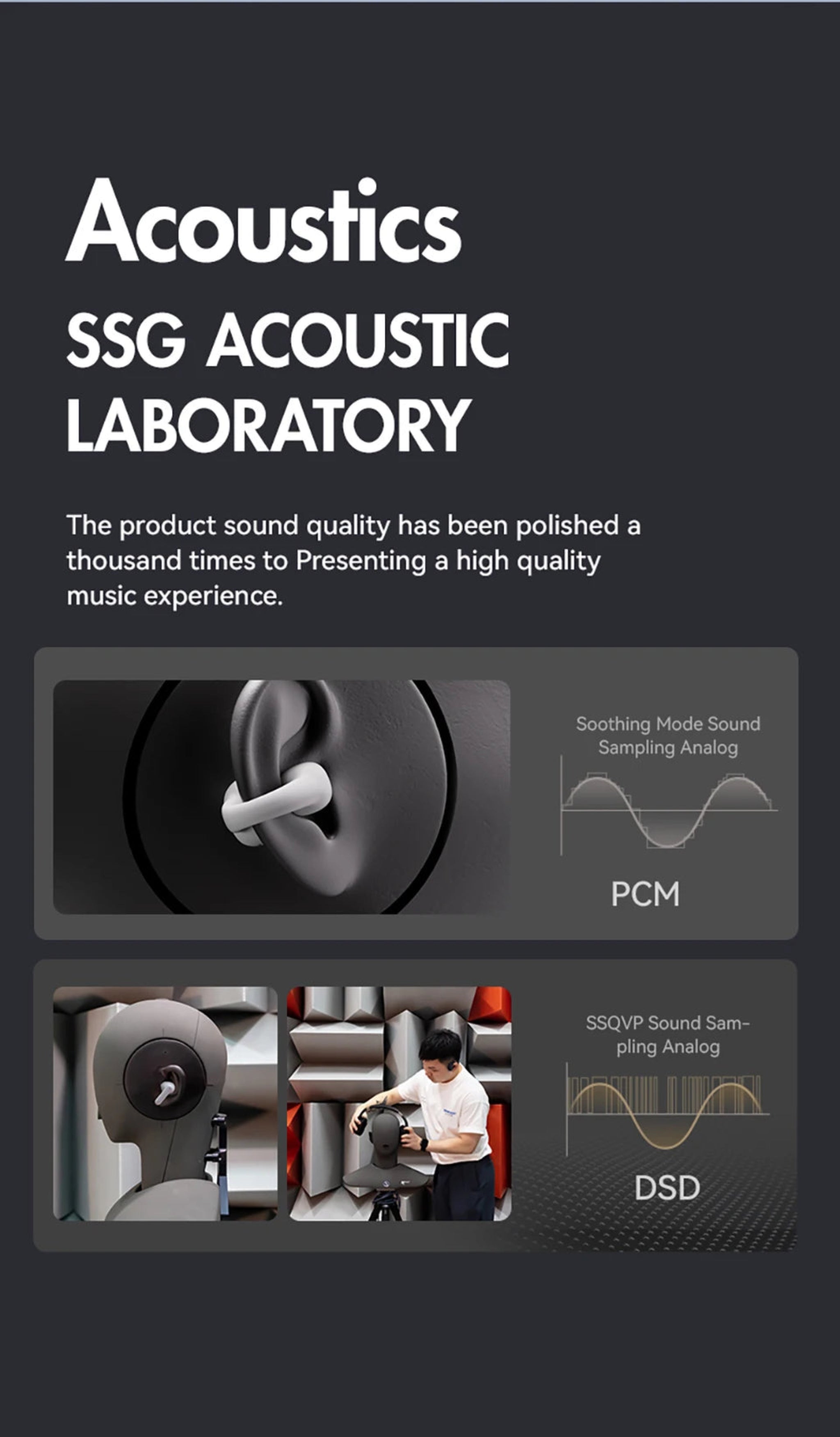 Advertisement for SSG Acoustic Laboratory with acoustic equipment and text on a dark background