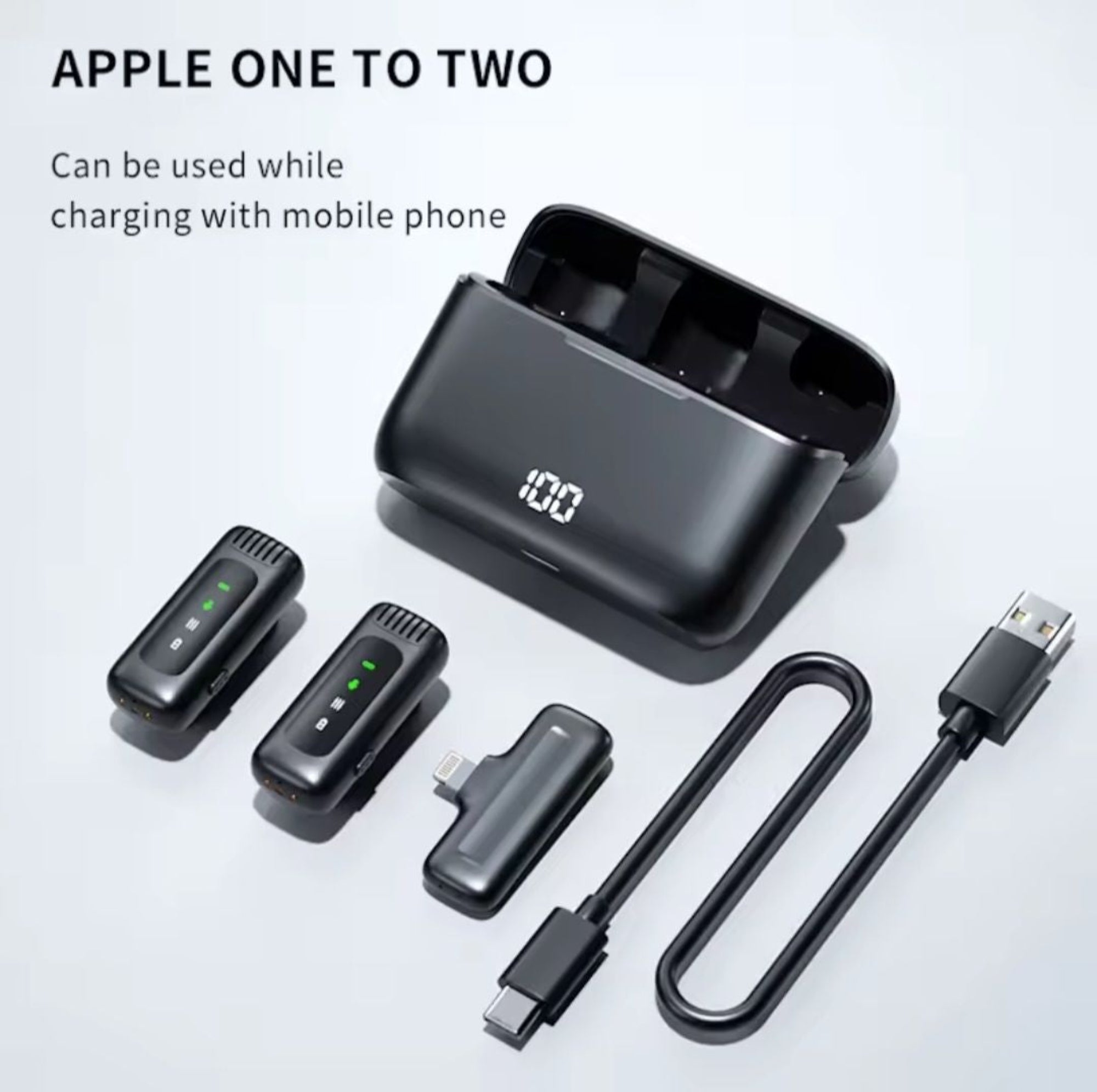 Set of electronic devices including a charging dock, cables, and connectors on a white background.