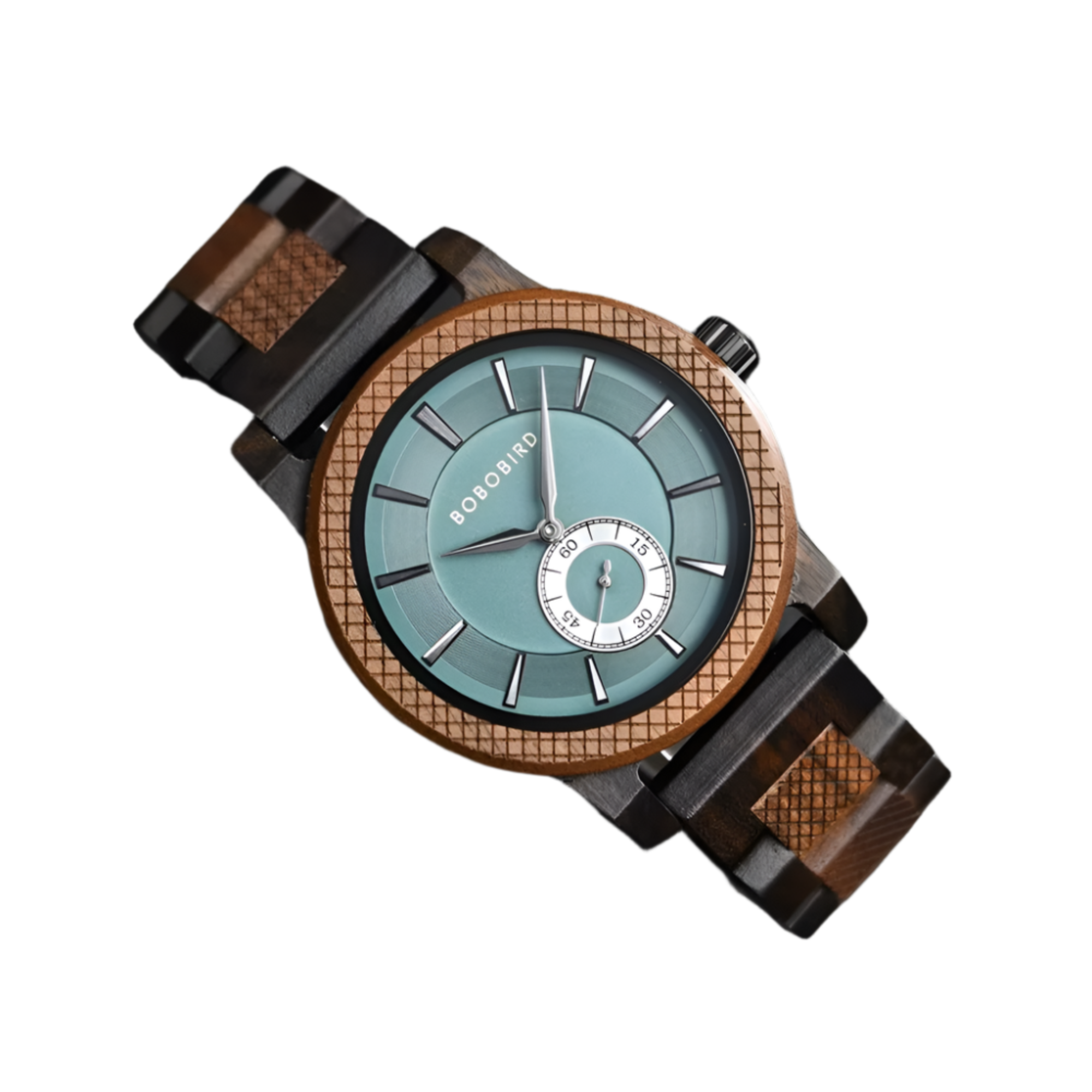 Wooden watch with a blue face on a white background, featuring the brand 'Bovano'.