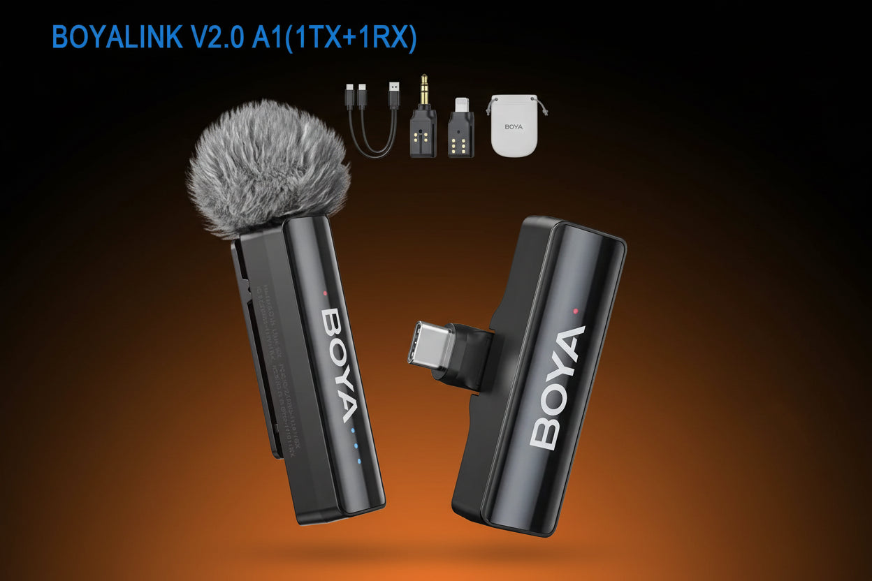 BOYA wireless microphone system with transmitter and receiver on a white background