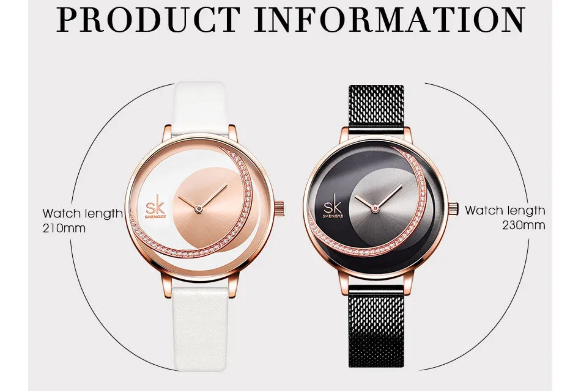Two watches with different band styles on a product information card.
