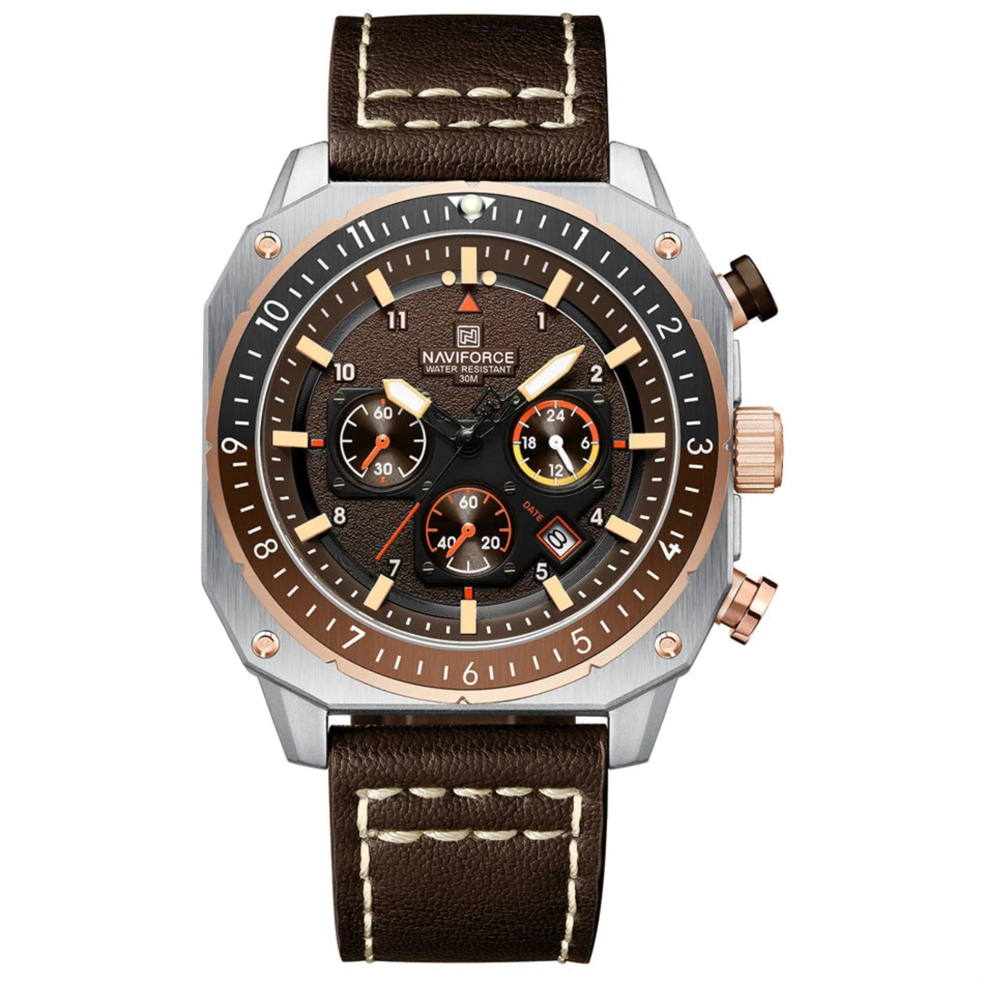 A multicolored sports multifunction waterproof watch for men with a leather band and a dial featuring luminous hands and a date display.