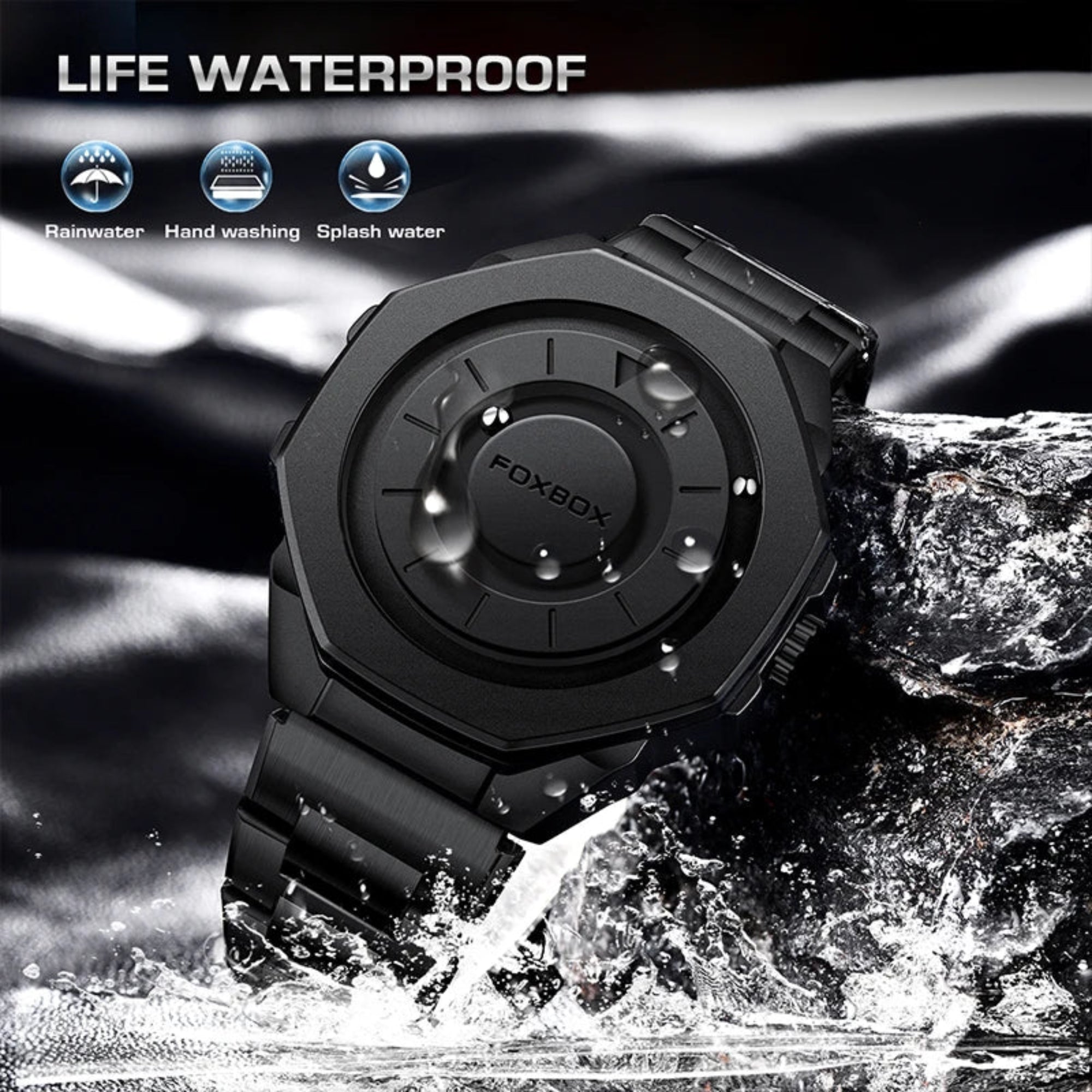 Black watch with water resistance features displayed against a water background