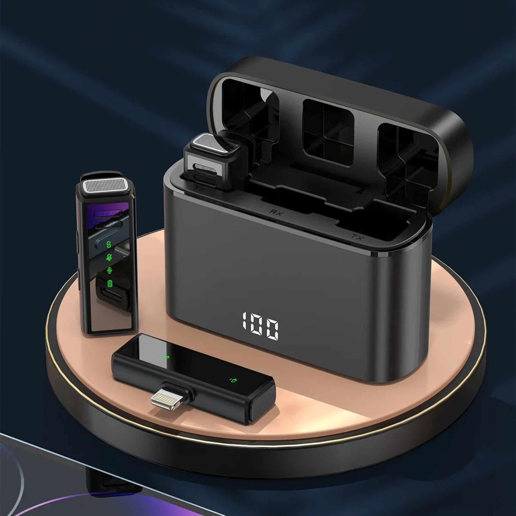 Black electronic device with digital display on a round platform against a dark background