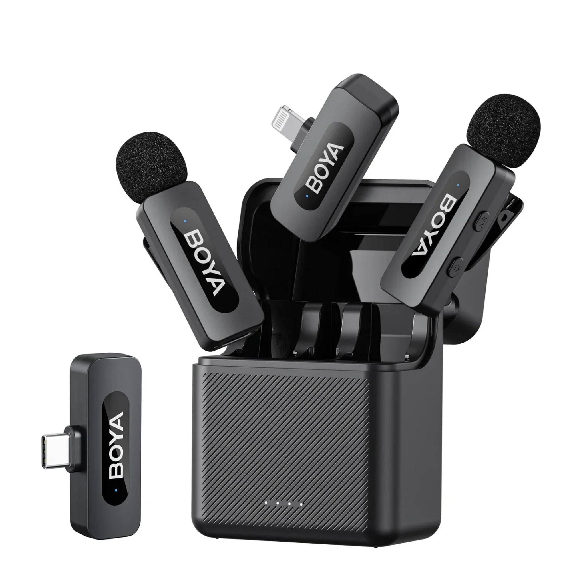 BOYA microphone set with transmitter and receiver on a white background
