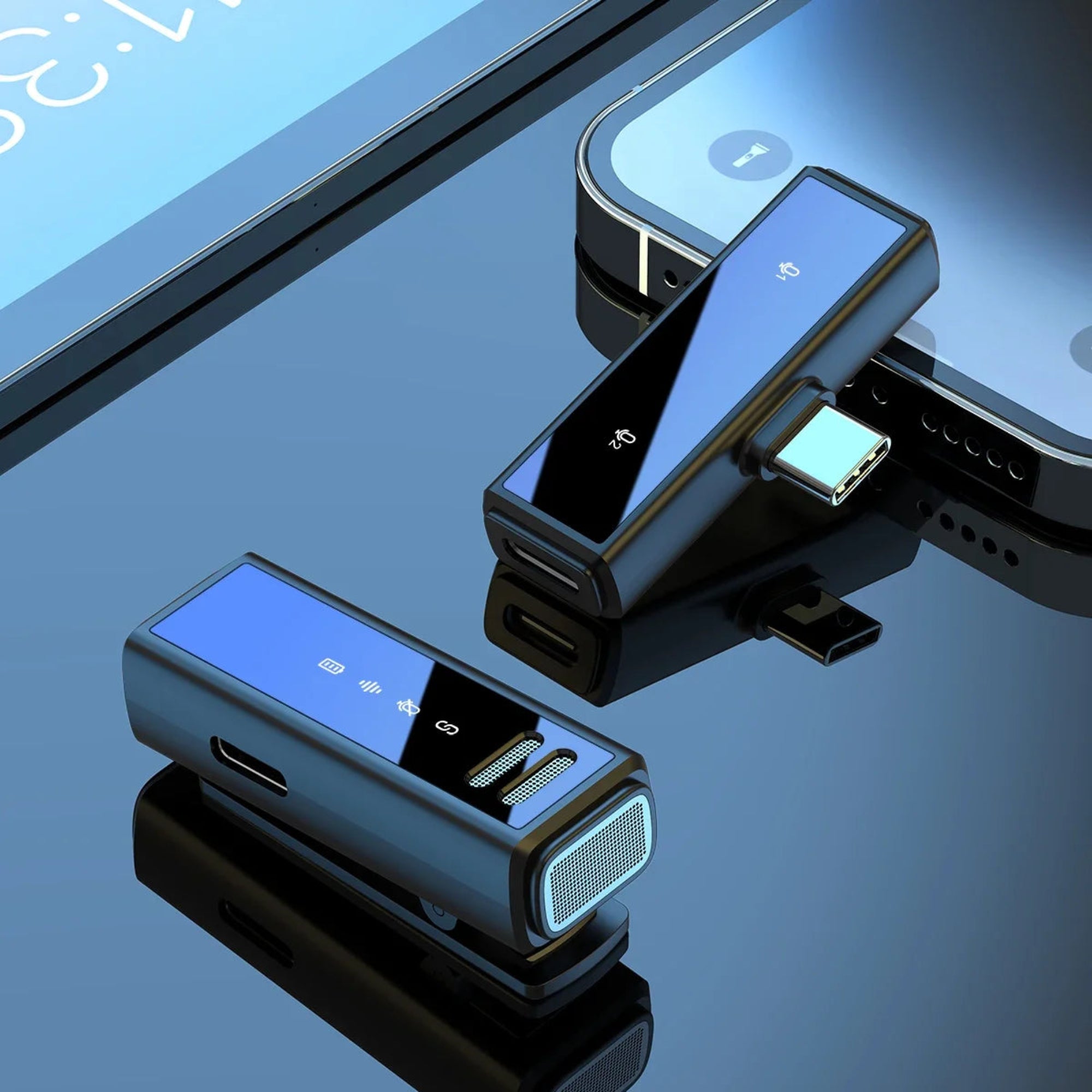 Two USB drives attached to a smartphone on a reflective surface