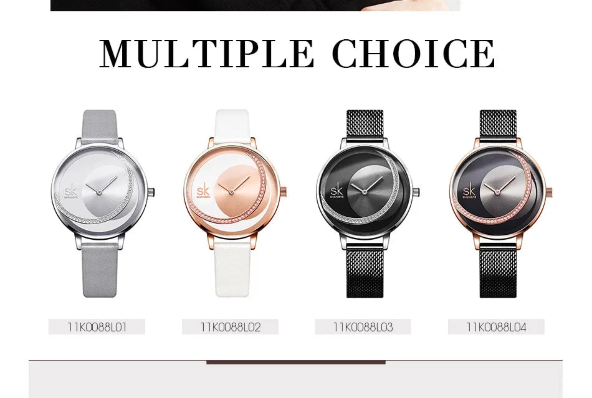 Four watches with different designs on a white background, labeled 'Multiple Choice'.