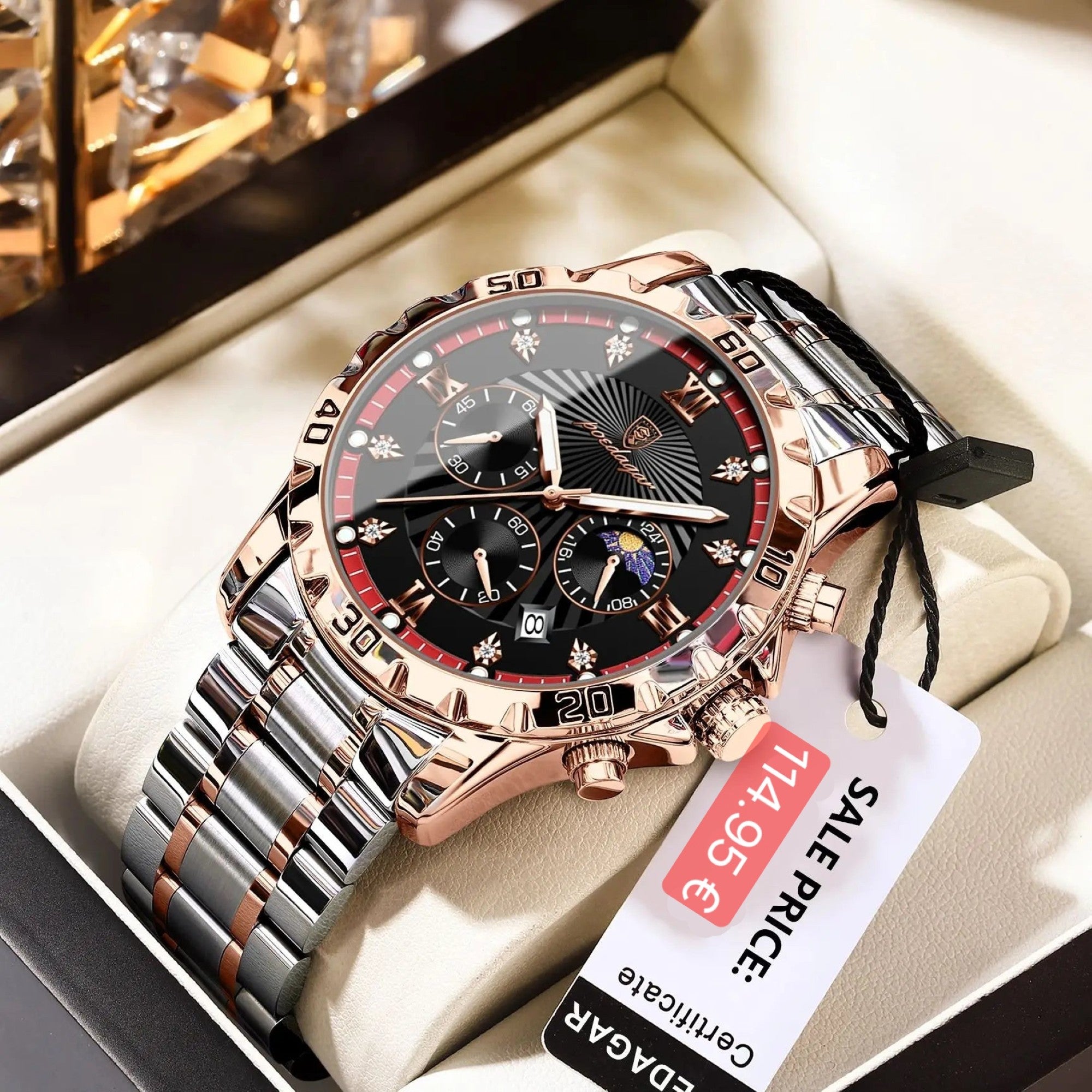 Luxury watch with rose gold and silver band in a box, featuring a visible price tag.