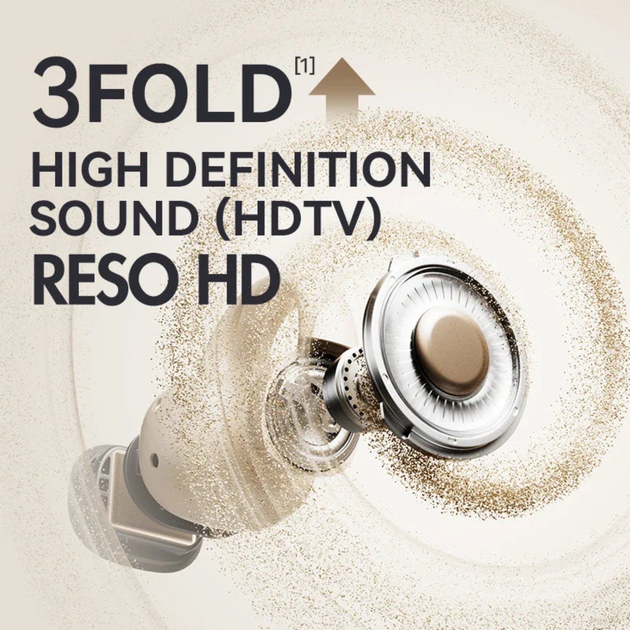 Close-up of a high-definition sound device with text highlighting '3FOLD' and 'RESO HD'.