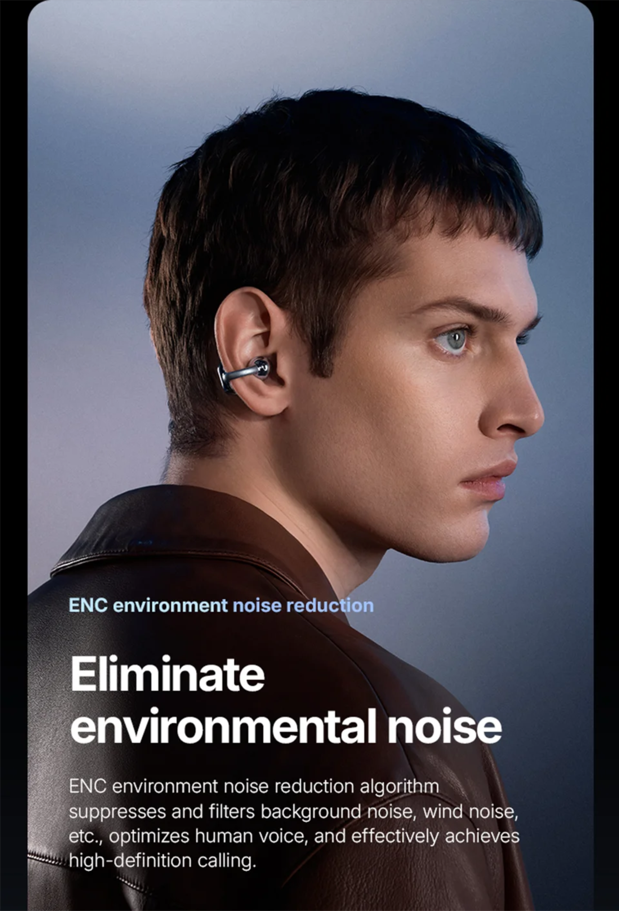 Person wearing a wireless earbud with text about environment noise reduction on a dark background