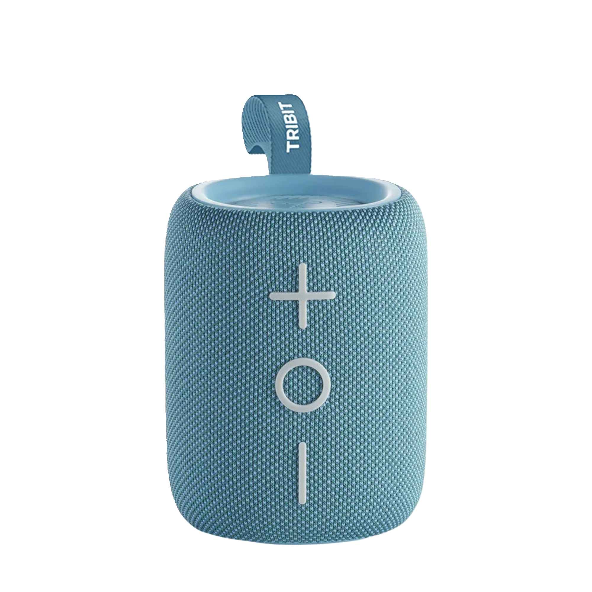 A green TRIBIT StormBox Mini Bluetooth speaker with a textured surface, LED light, and a carabiner clip on the top.