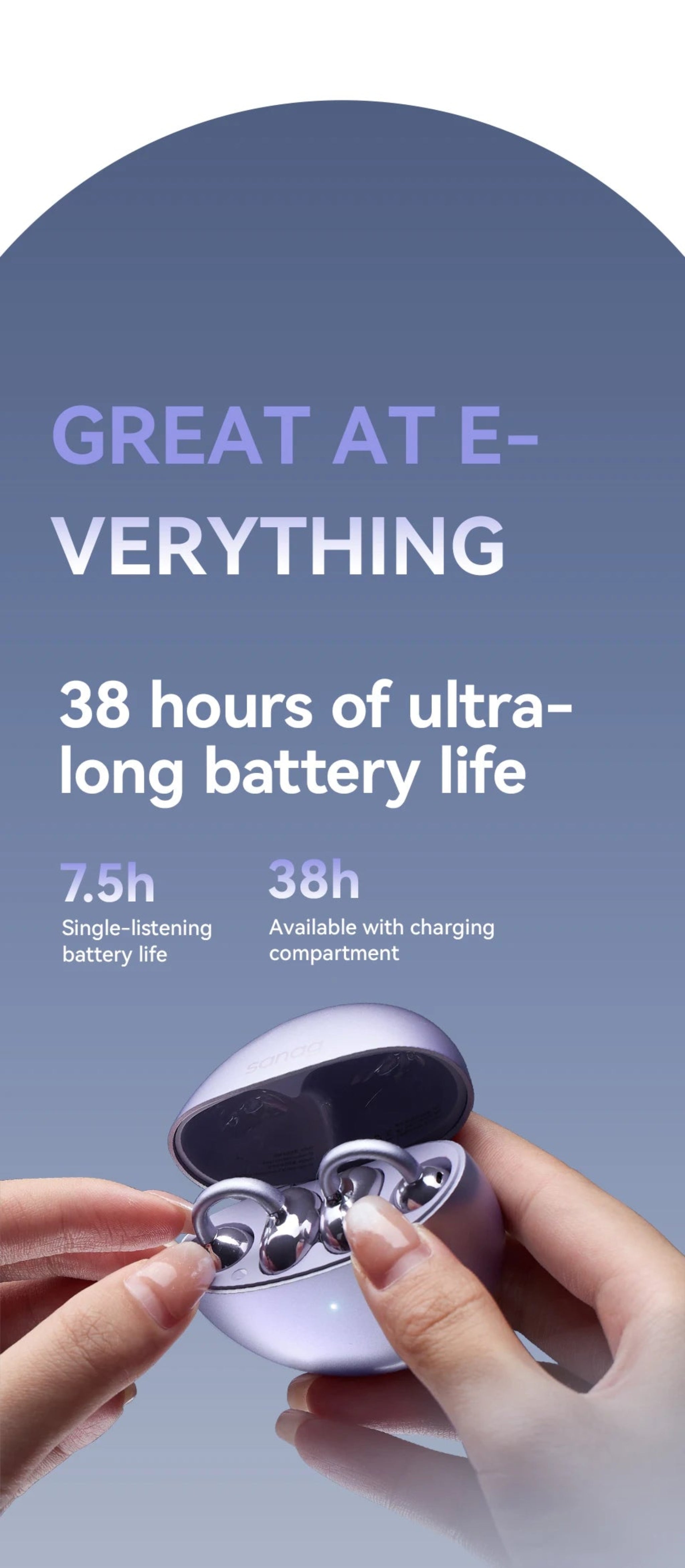Earpods held by hands with battery life text on a blue background
