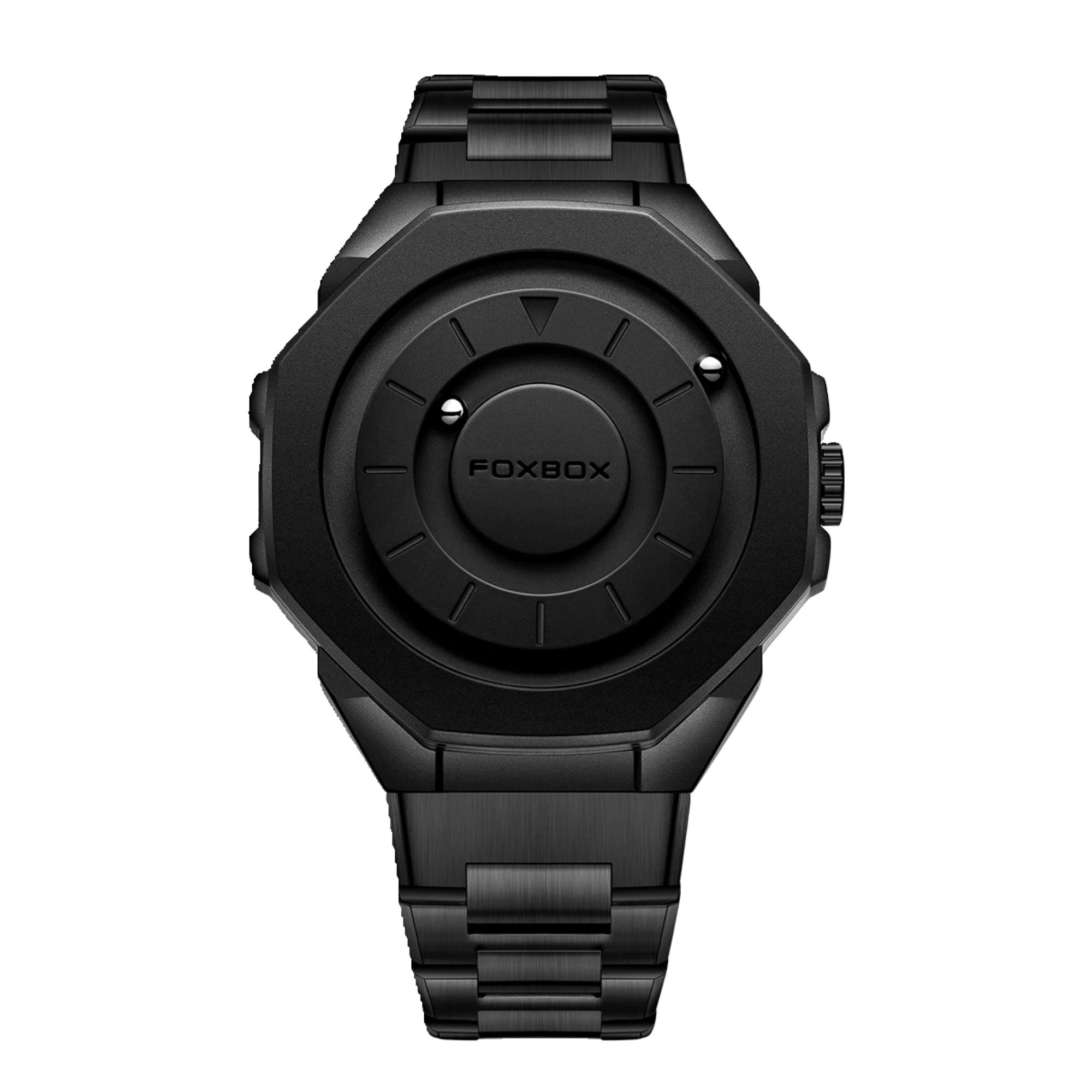 A black analog watch with a textured dial and a metallic band, branded with 'FOXBOX'.