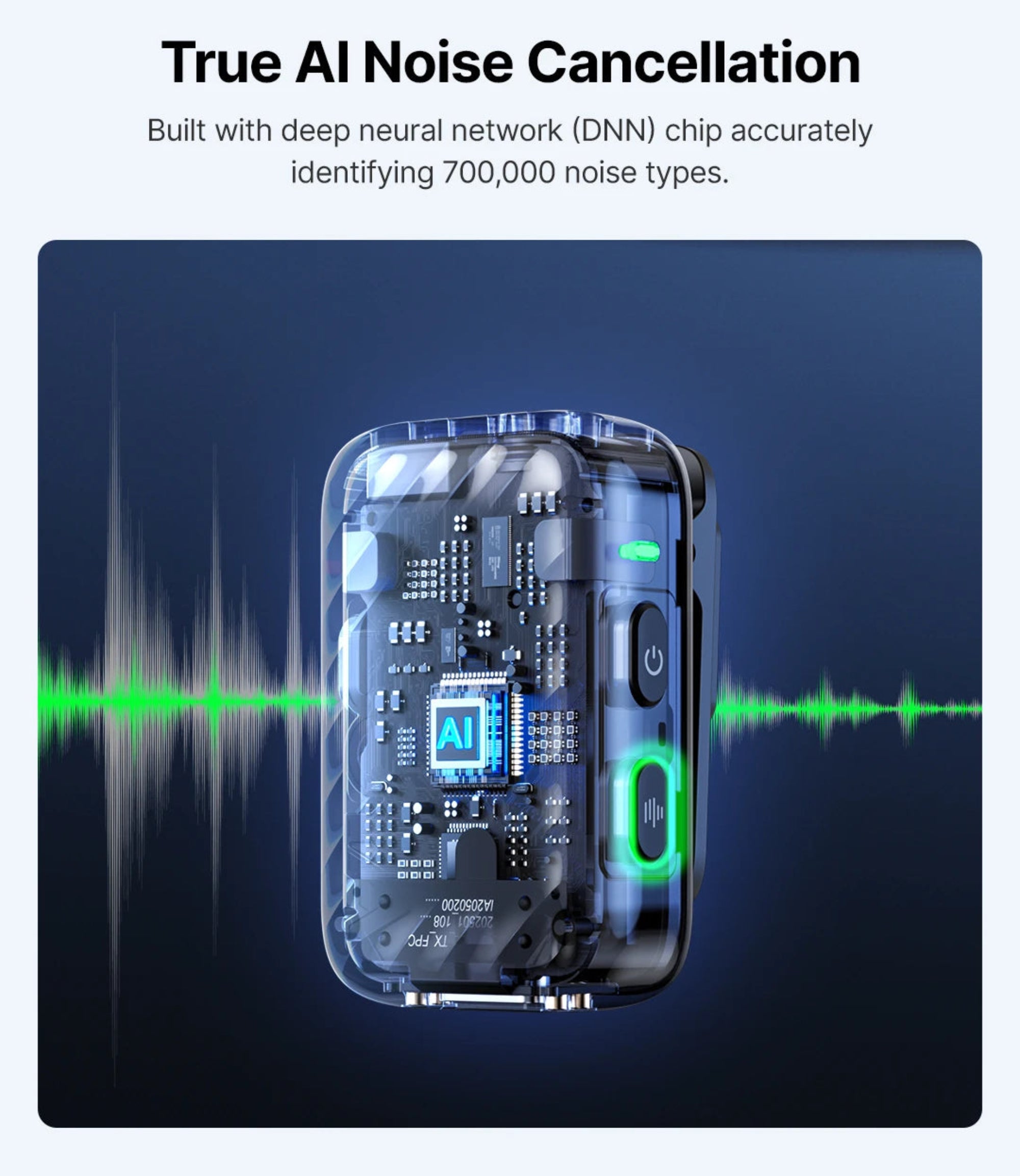Electronic device with AI noise cancellation technology on a dark background