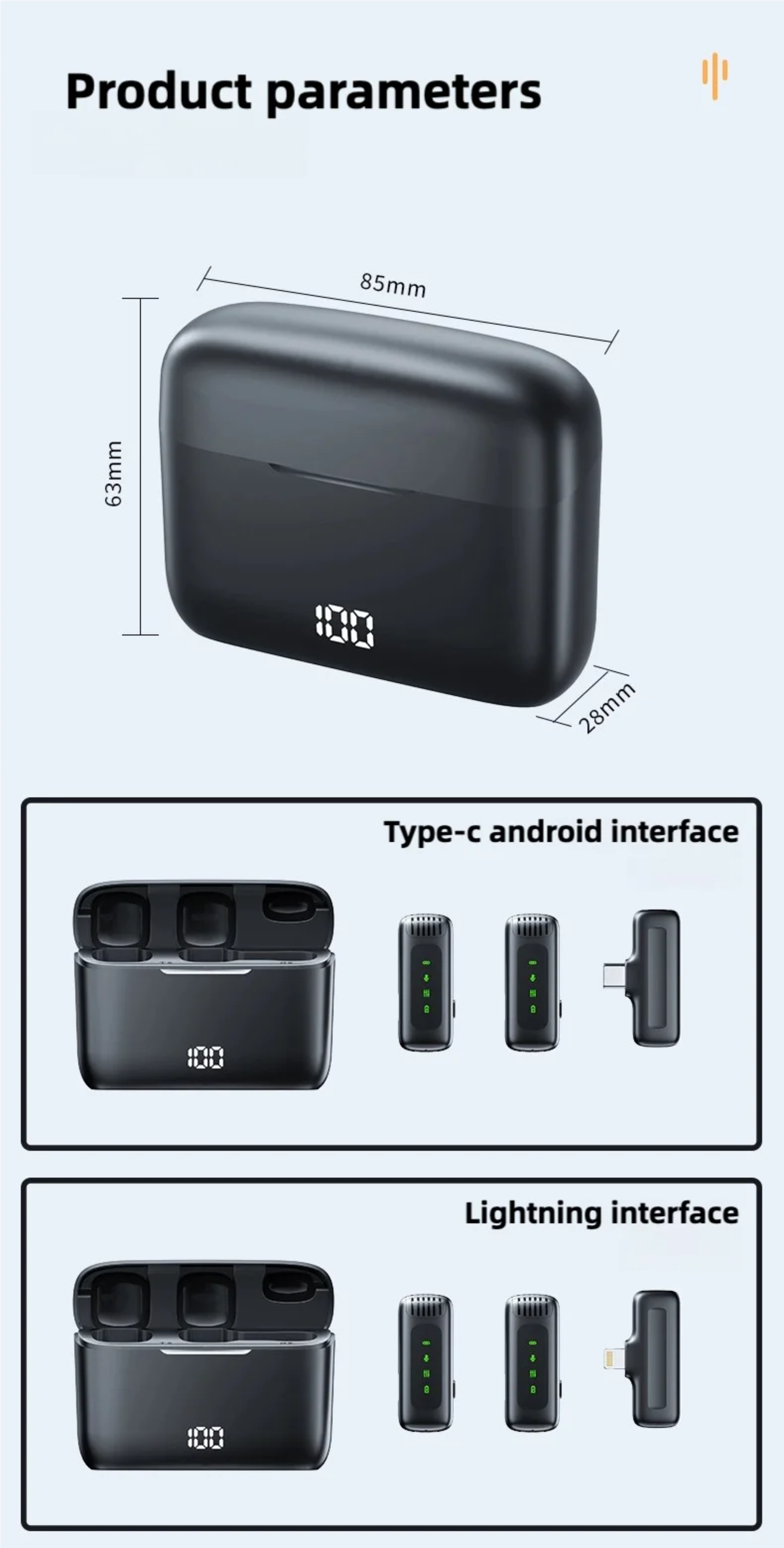Product parameters of a black electronic device with dimensions and interface options displayed.