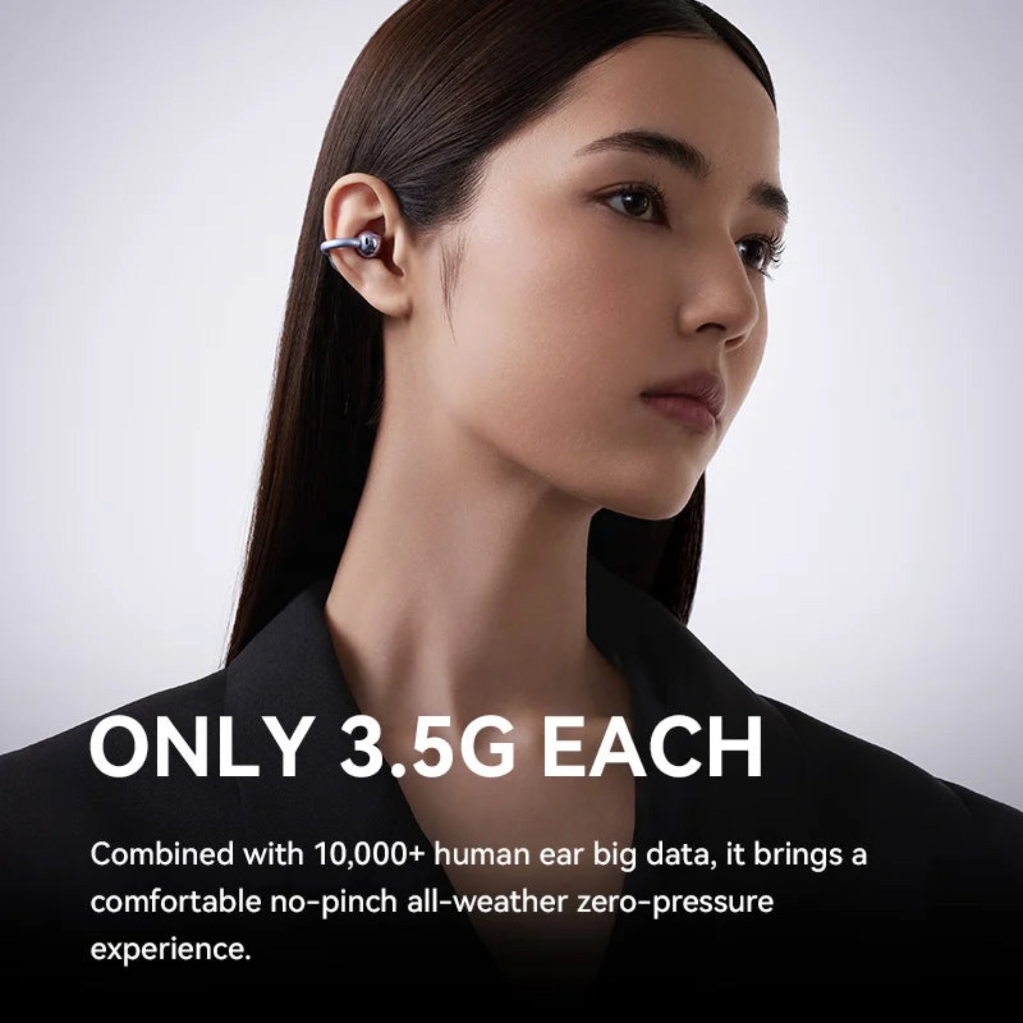 Woman wearing an ear device with text about 3.5G technology and comfort.