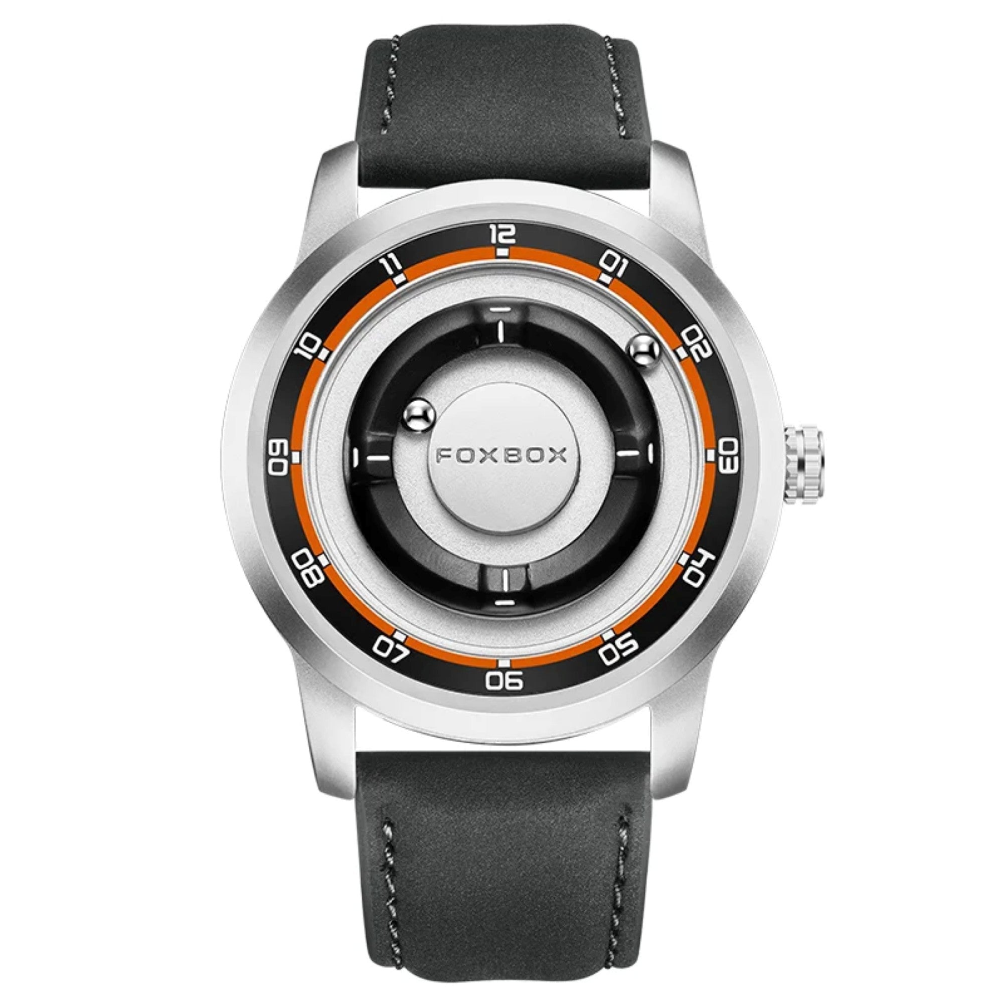 Wristwatch with black leather strap and silver case on a white background