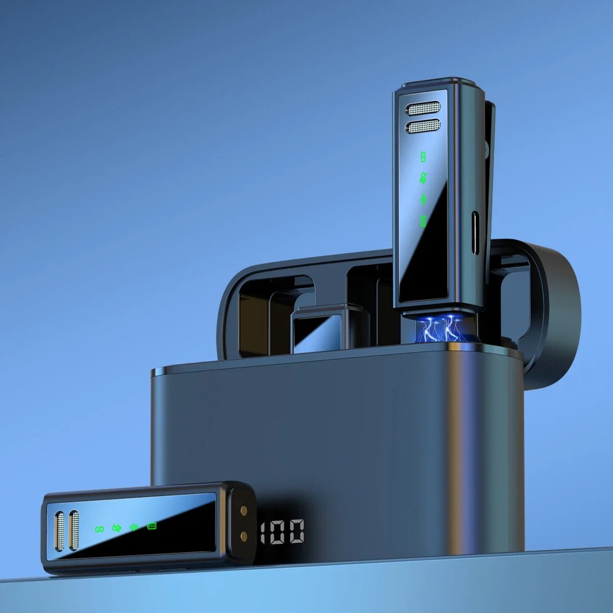 Wireless earbuds with charging case on a blue gradient background