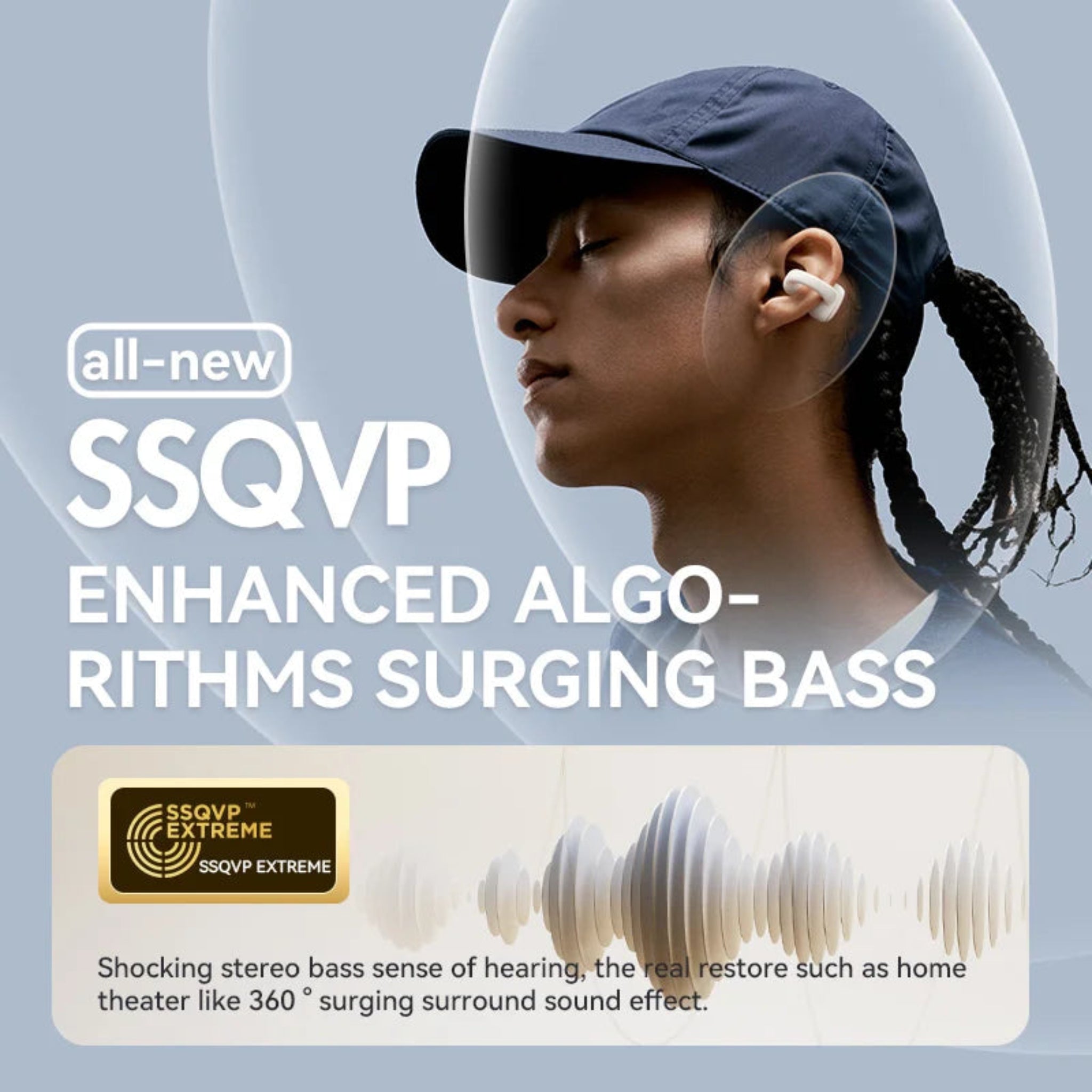 Person wearing a cap and earbuds with promotional text for SSQVP technology on a gray background