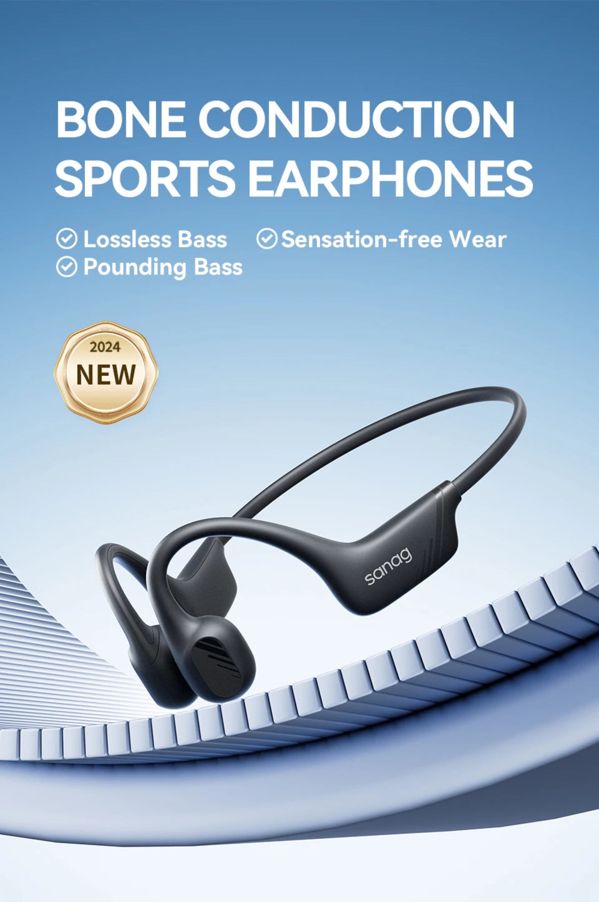 Bone conduction sports earphones on a blue gradient background with feature highlights.