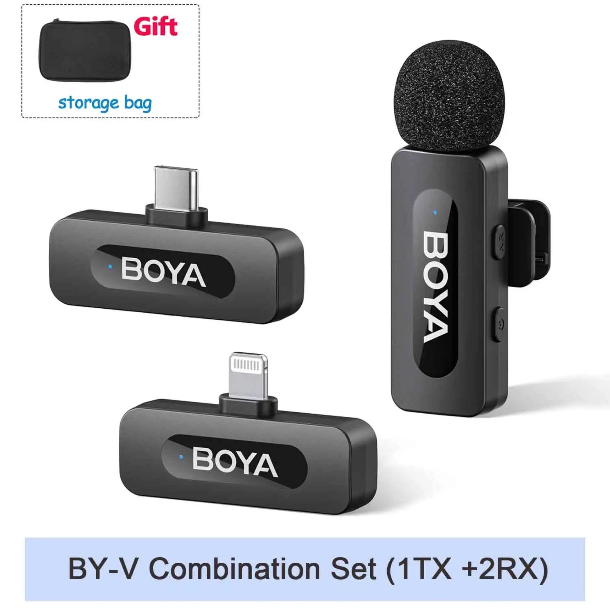 BOYA BY-V wireless microphone system with transmitter and receivers on a white background