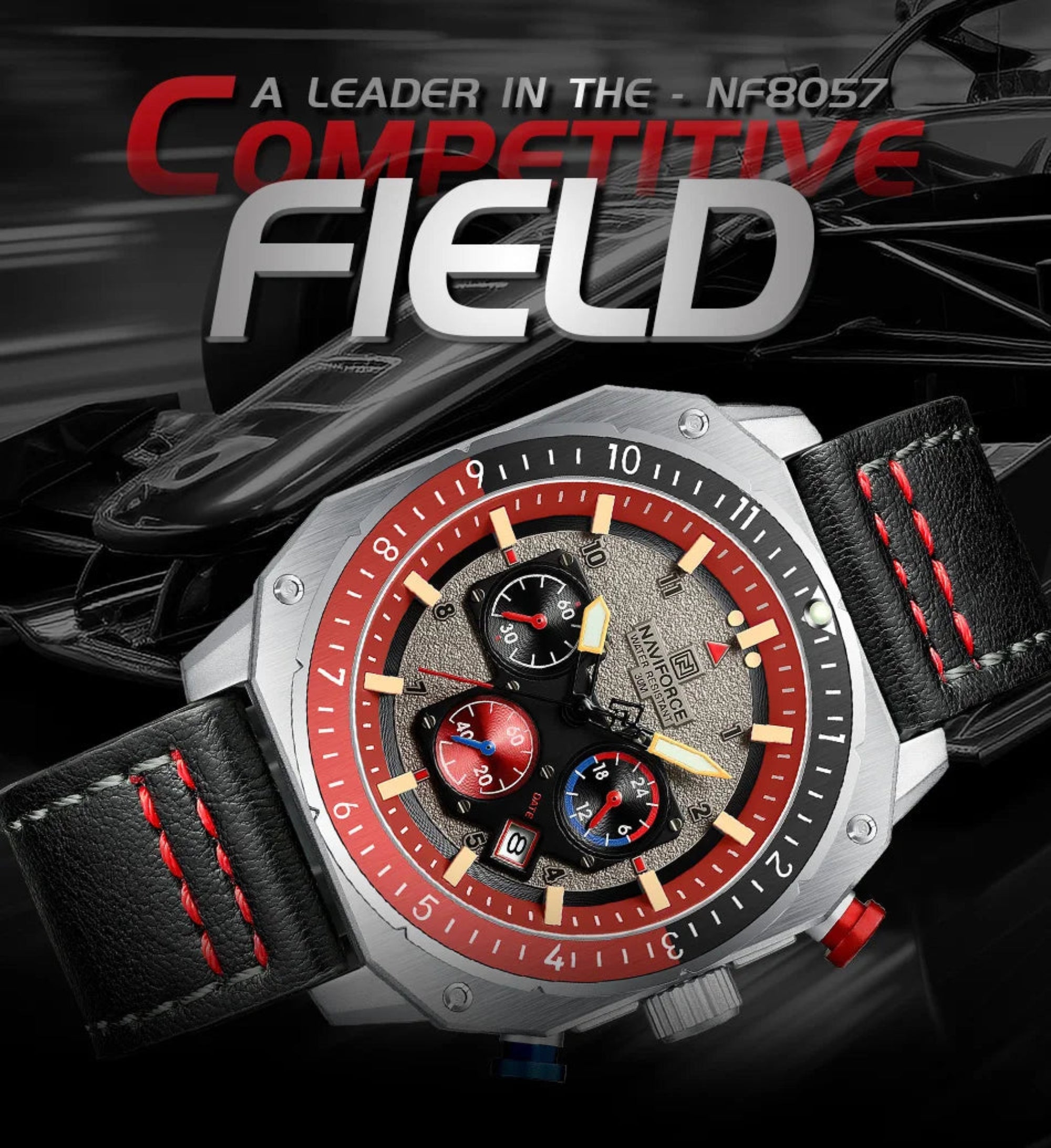 Wristwatch with red and black design on a dark background