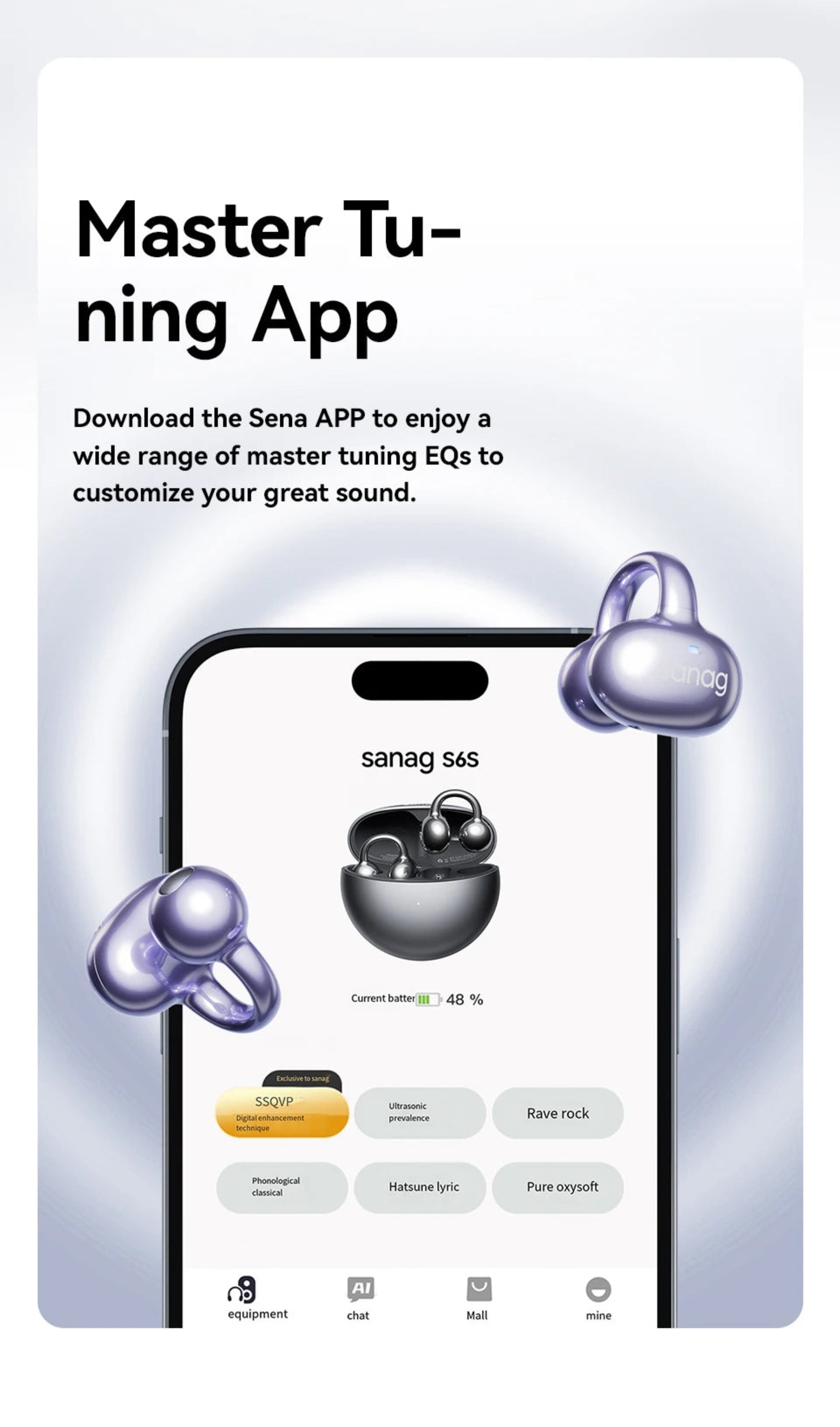 Promotional graphic for Sena earbuds with app download information on a white background