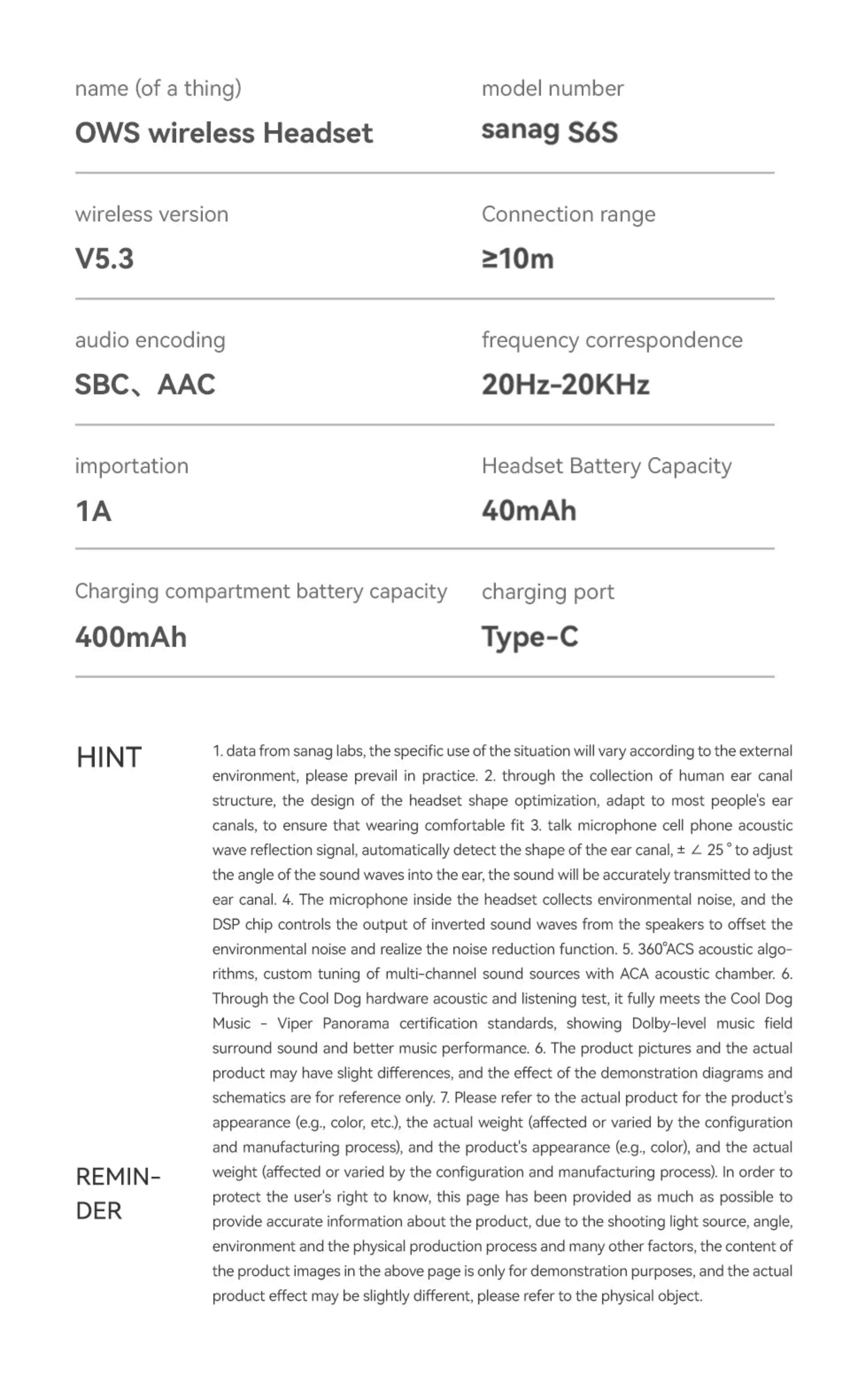 Technical specifications of an OWS wireless headset on a white background