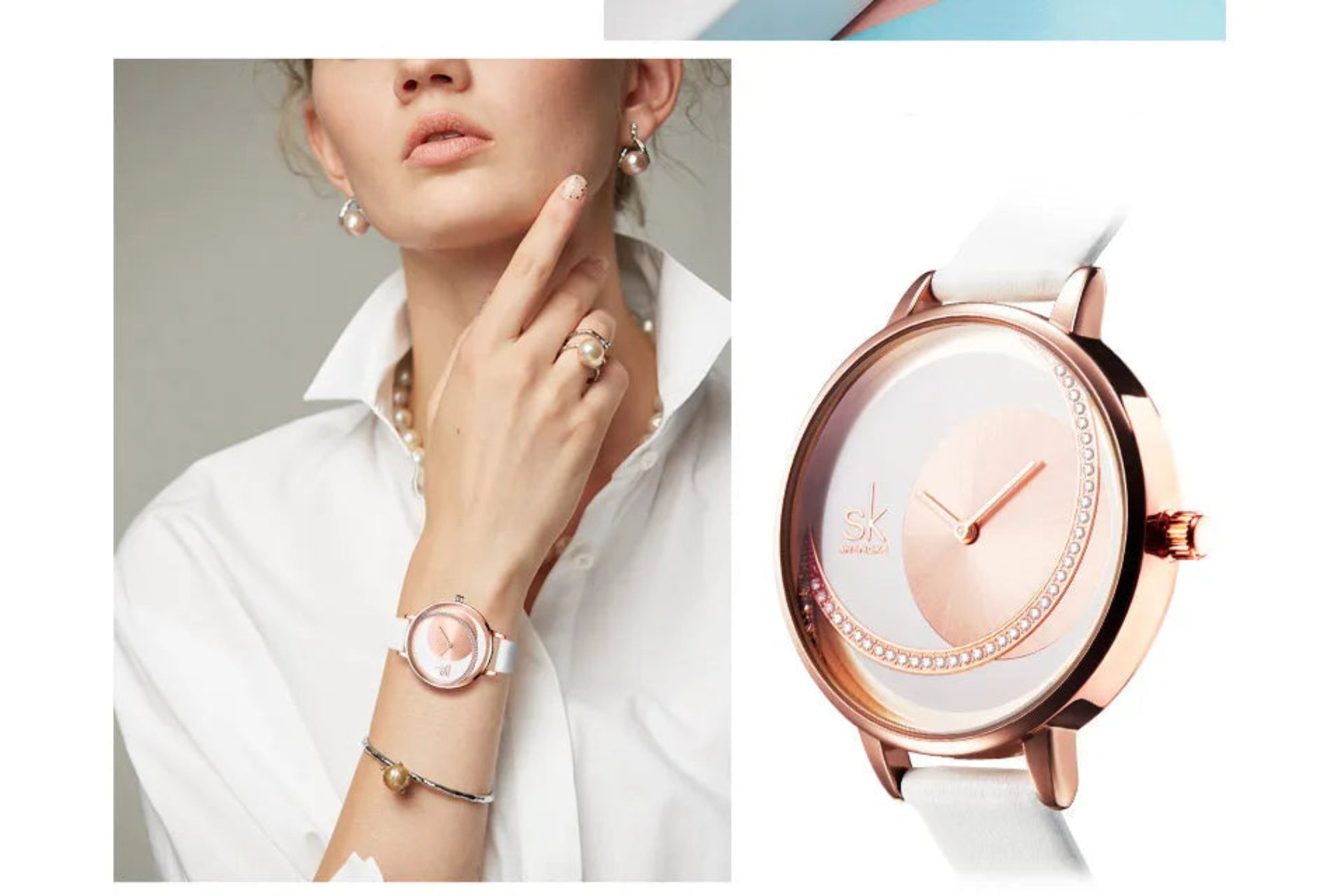 Rose gold watch on a woman's wrist with close-up of watch face