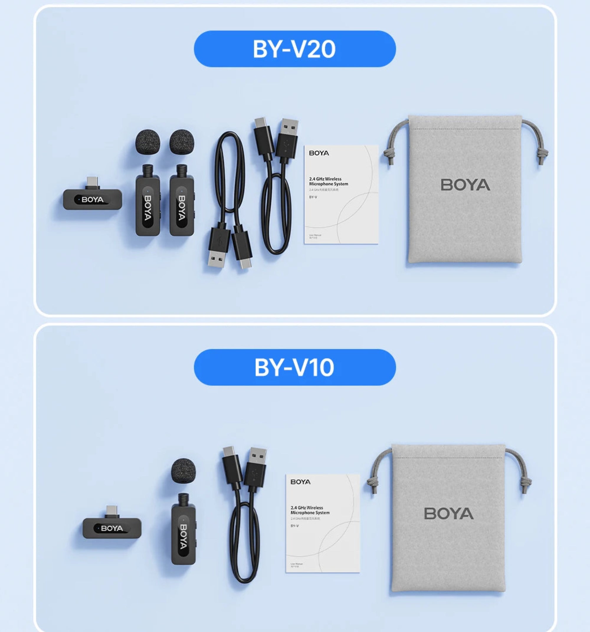 BOYA BY-V20 and BY-V10 wireless microphone sets with accessories on a light blue background.