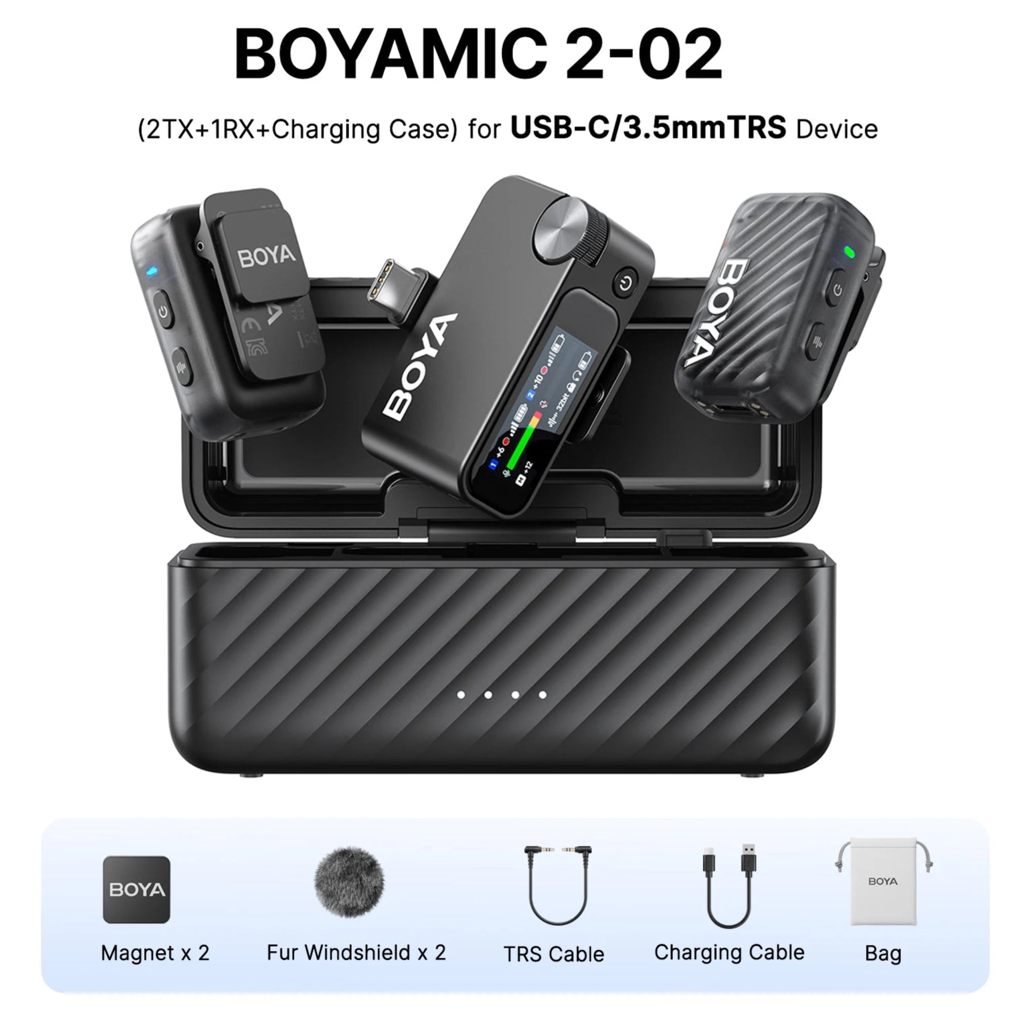 BOYA wireless microphone system with charging case on a white background