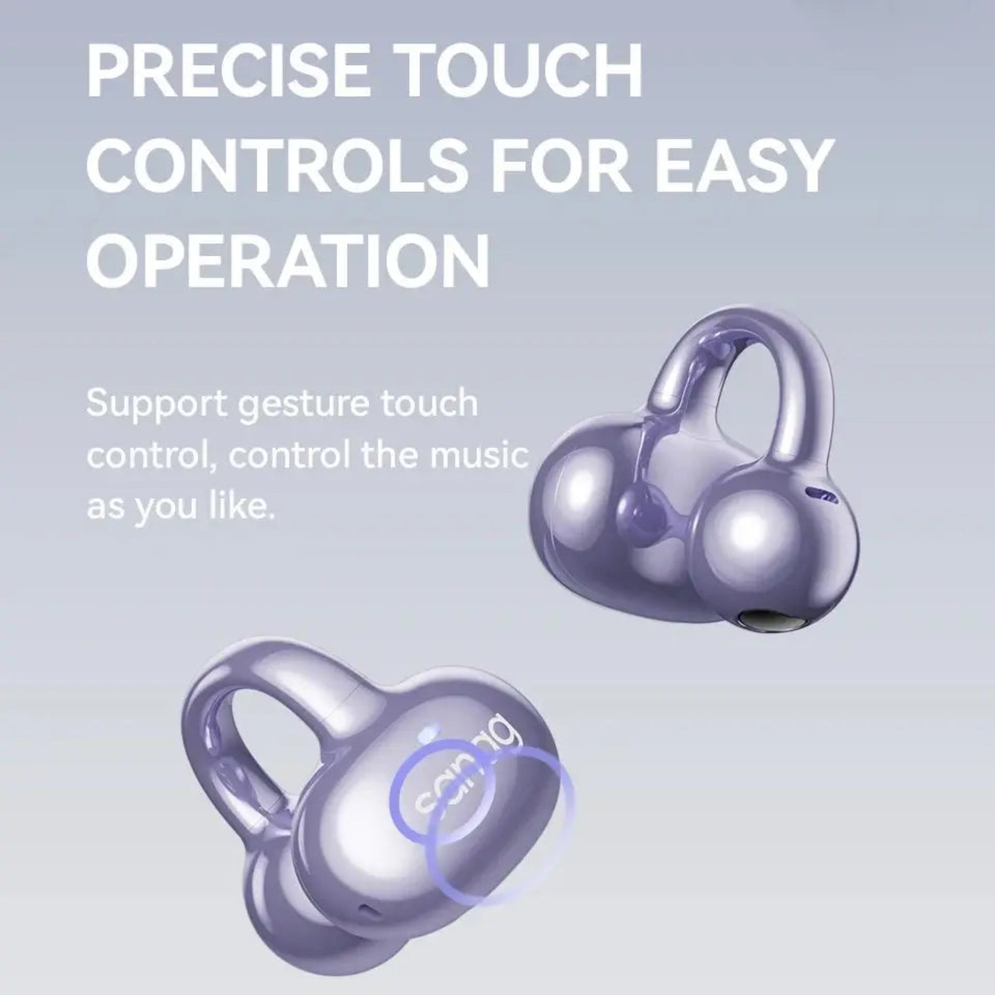 Purple wireless earbuds with gesture touch control on a light purple background