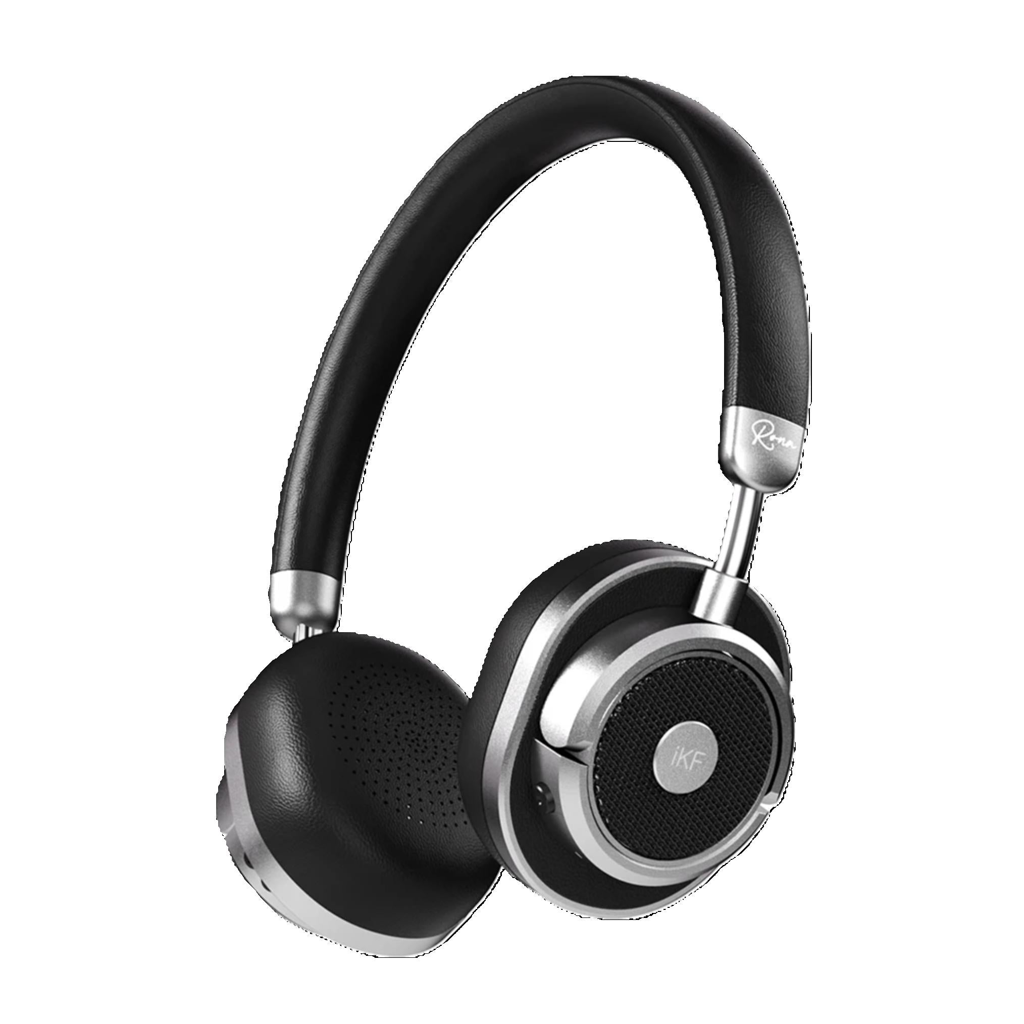 Black over-ear headphones with silver accents on a white background