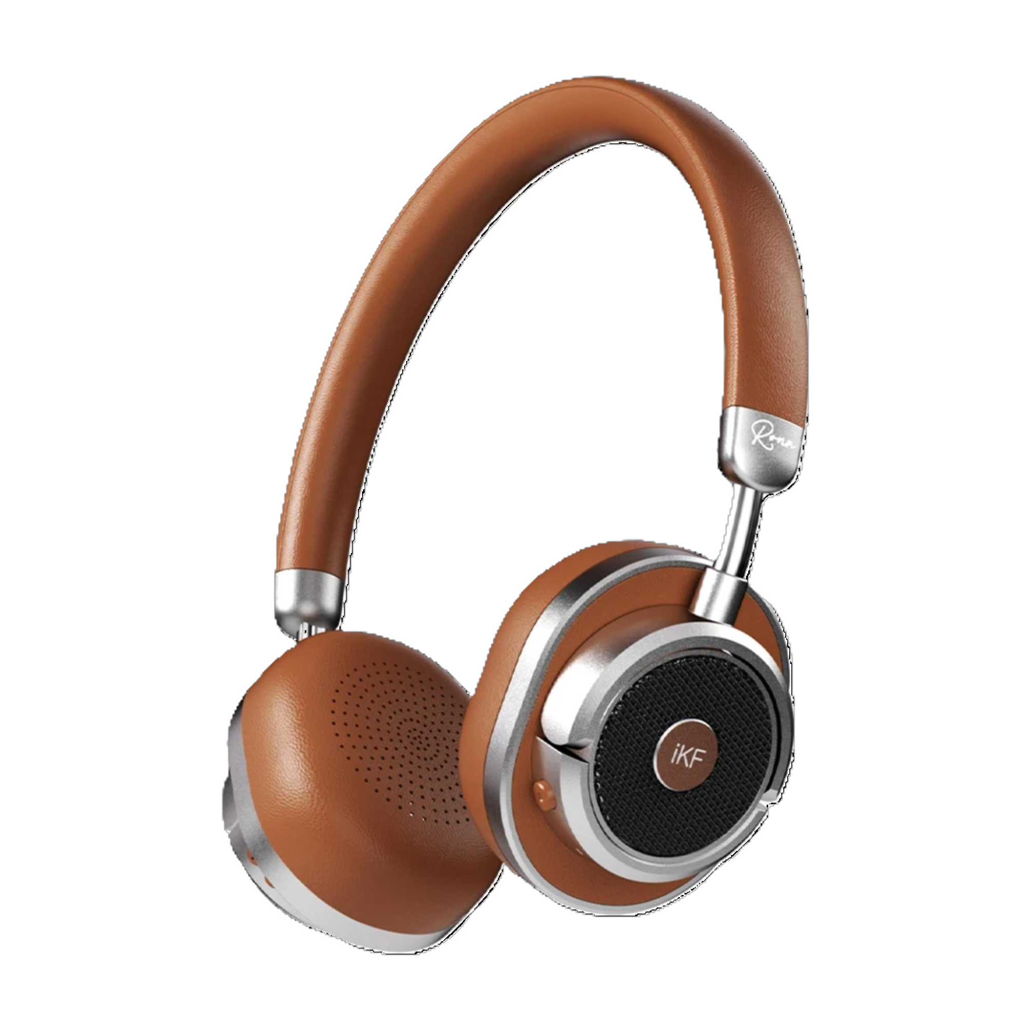 Brown headphones with silver accents on a white background
