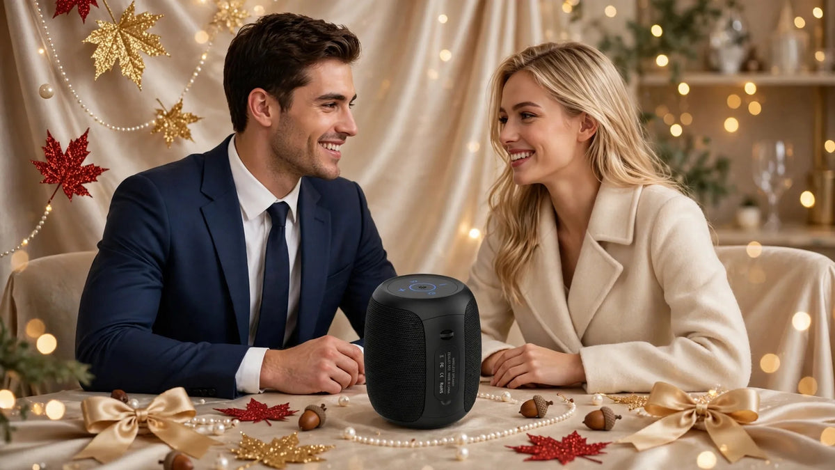 Handsome young man in navy formal suit and blonde woman in cream coat smiling at each other with exact black ZEALOT-S53 wireless speaker on table, champagne silk background gold red glitter maple leaves pearls acorns gold bows fairy lights - luxury lifestyle desktop banner no text -
Goldener Wahl