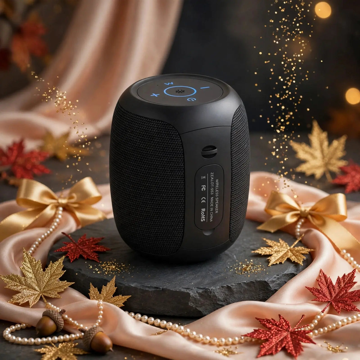 ZEALOT S53 black wireless speaker on dark slate podium with champagne silk background gold red glitter maple leaves pearls acorns gold bows - Goldener Wahl Autumn Collection