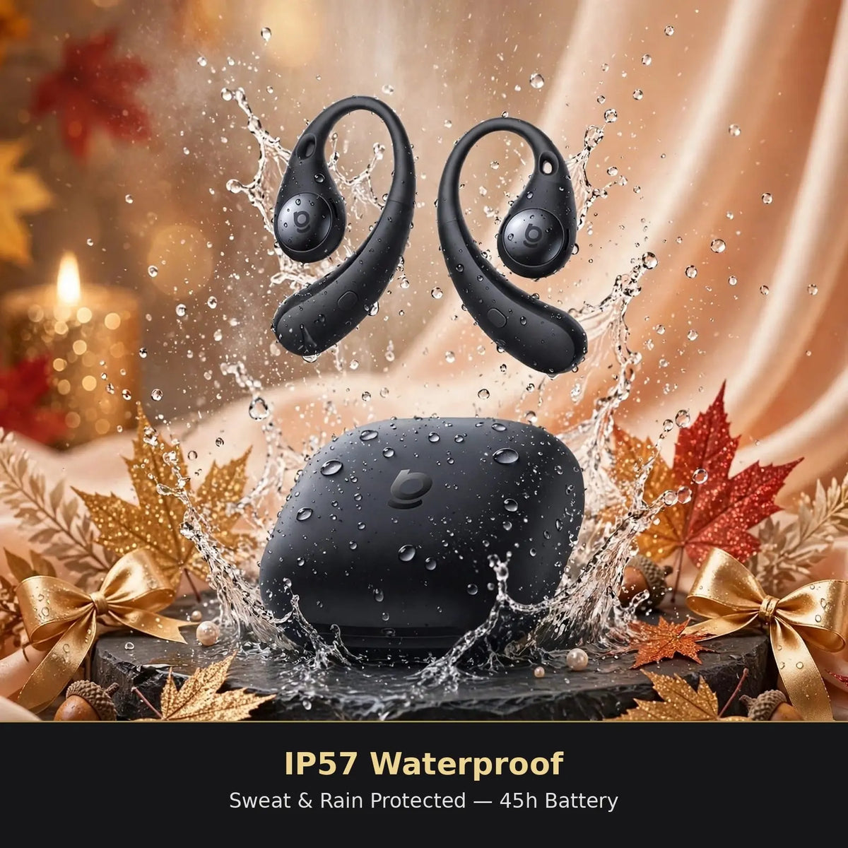 Black Baseus Eli Sport 2 open-ear earbuds and charging case with water splash demonstrating IP57 waterproof sweat and rain protection with autumn leaves and gold bows