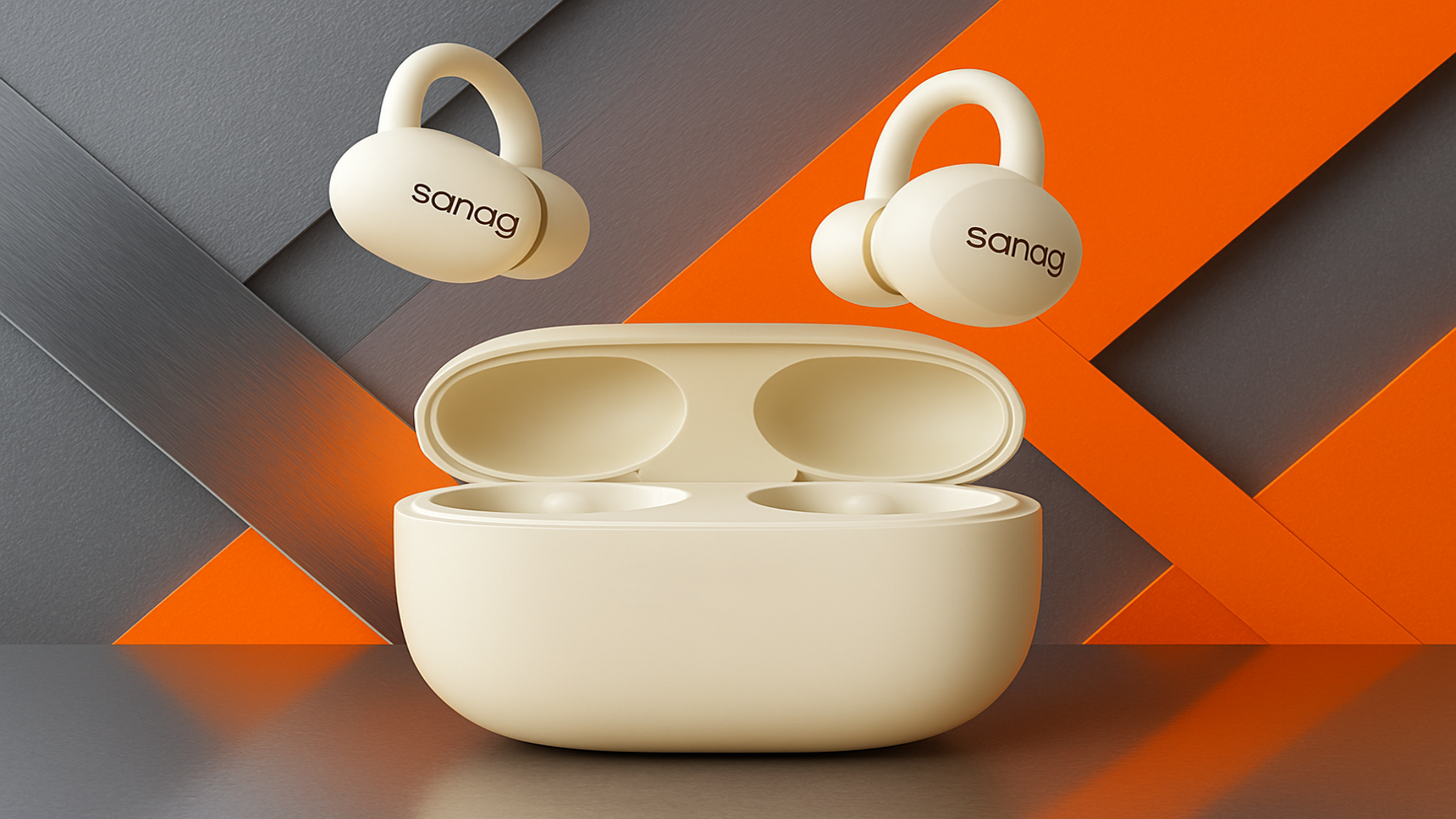 Beige wireless earbuds with charging case on a reflective surface with an orange and gray geometric background