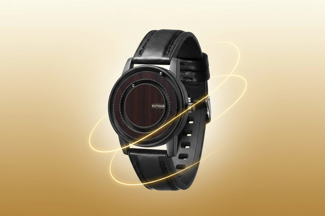 A black smartwatch with a round dark wood-grain face and a black strap, shown floating against a warm beige-to-brown gradient background with glowing light streaks.