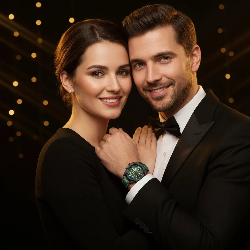 A man and a woman in formal black attire pose closely together against a dark background with warm bokeh lights. The man wears a black tuxedo jacket, white dress shirt, black bow tie, and a dark green watch with a green dial on his wrist.