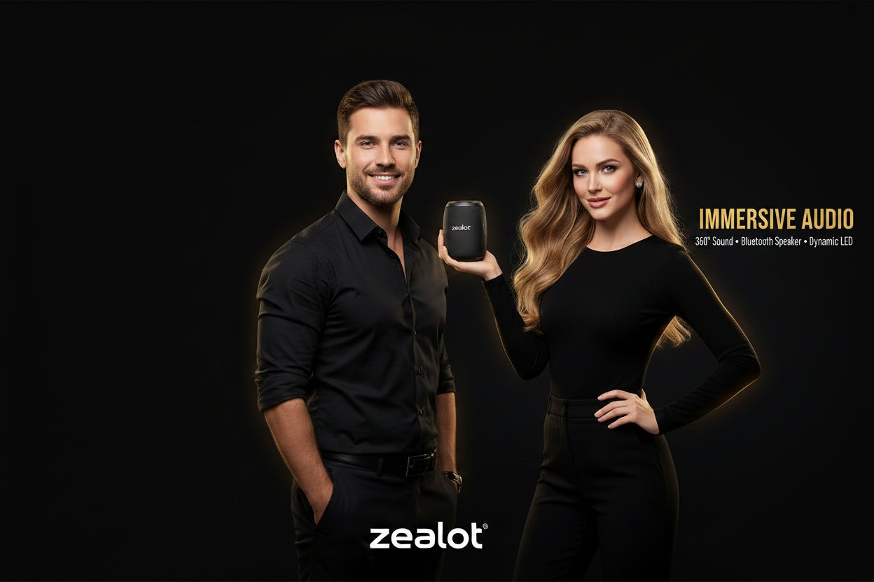 Two models holding a black speaker with 'zealot' branding on a dark background