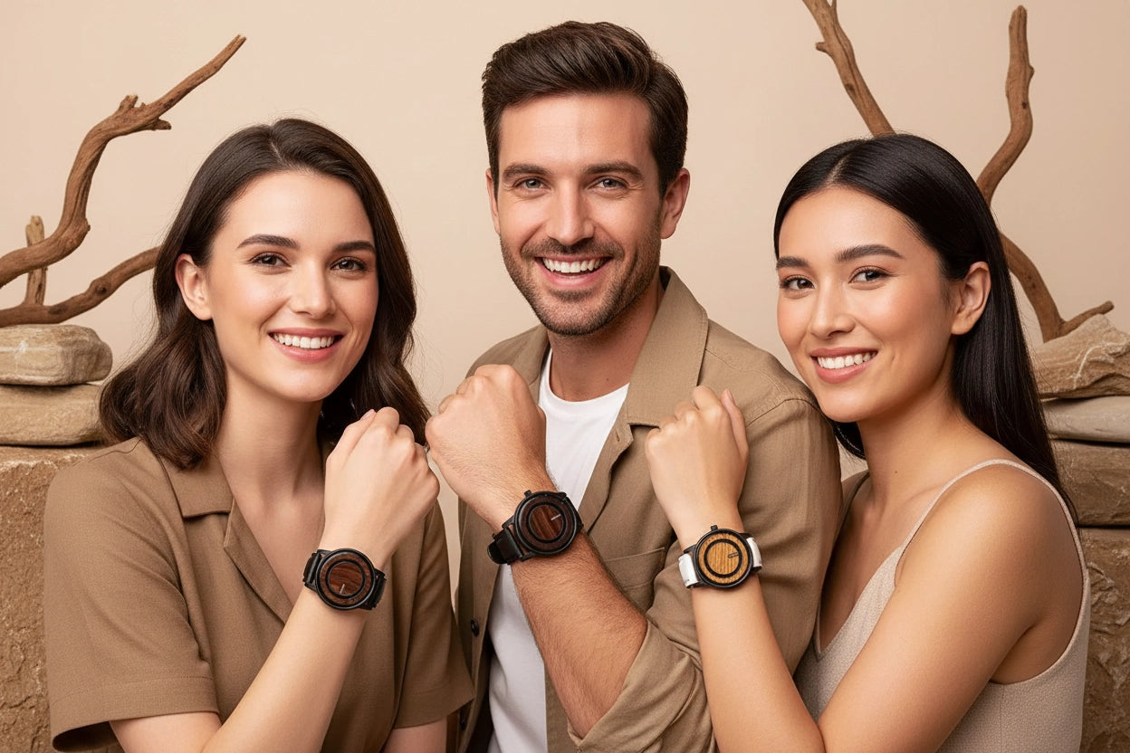 Three smiling people wearing stylish smartwatches with round black and brown dials, posed together against a warm beige background with decorative branches.