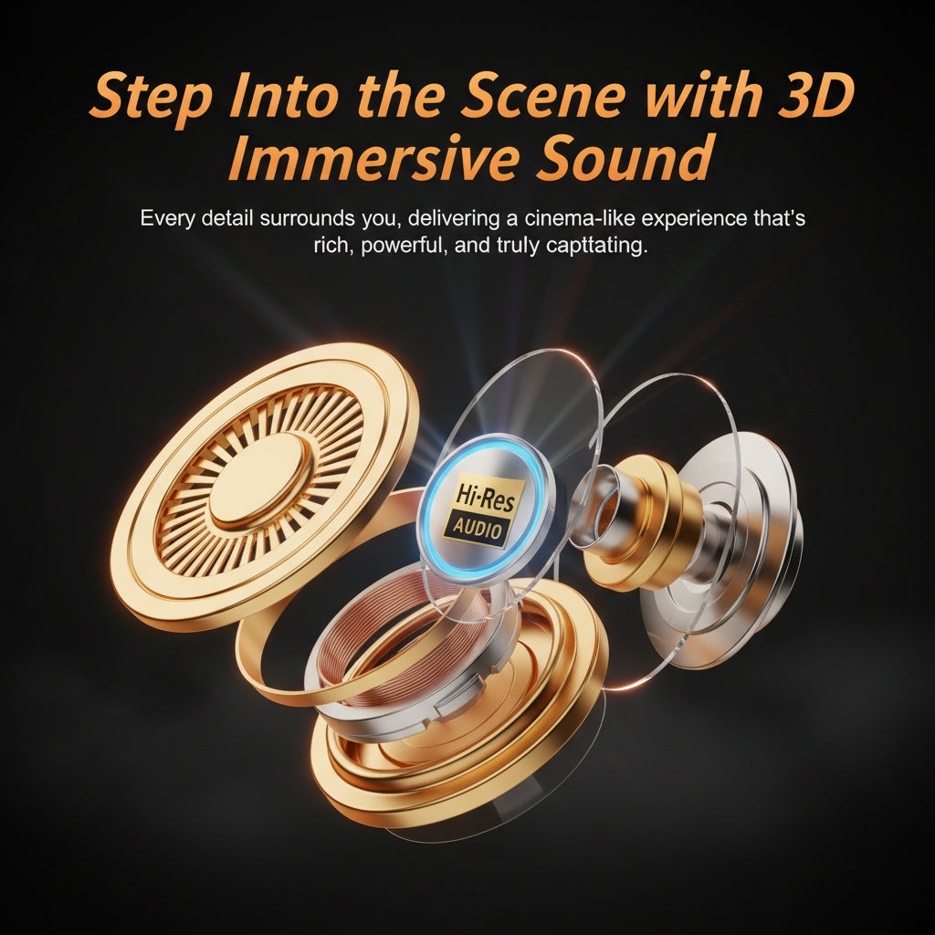 Gold and silver earbud with 'Hi-Res Audio' label on a dark background, featuring text about 3D immersive sound.