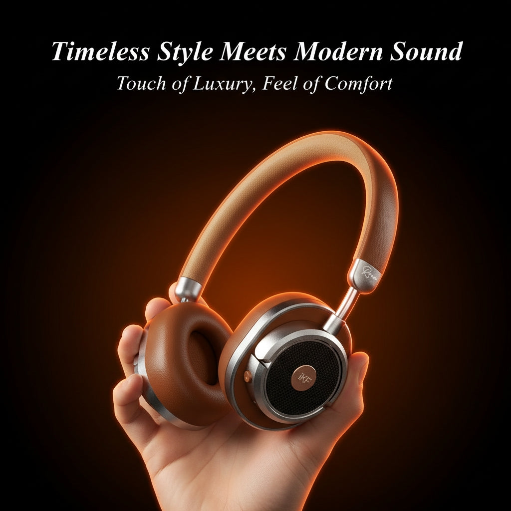 Brown headphones held in a hand with text 'Timeless Style Meets Modern Sound' on a dark background