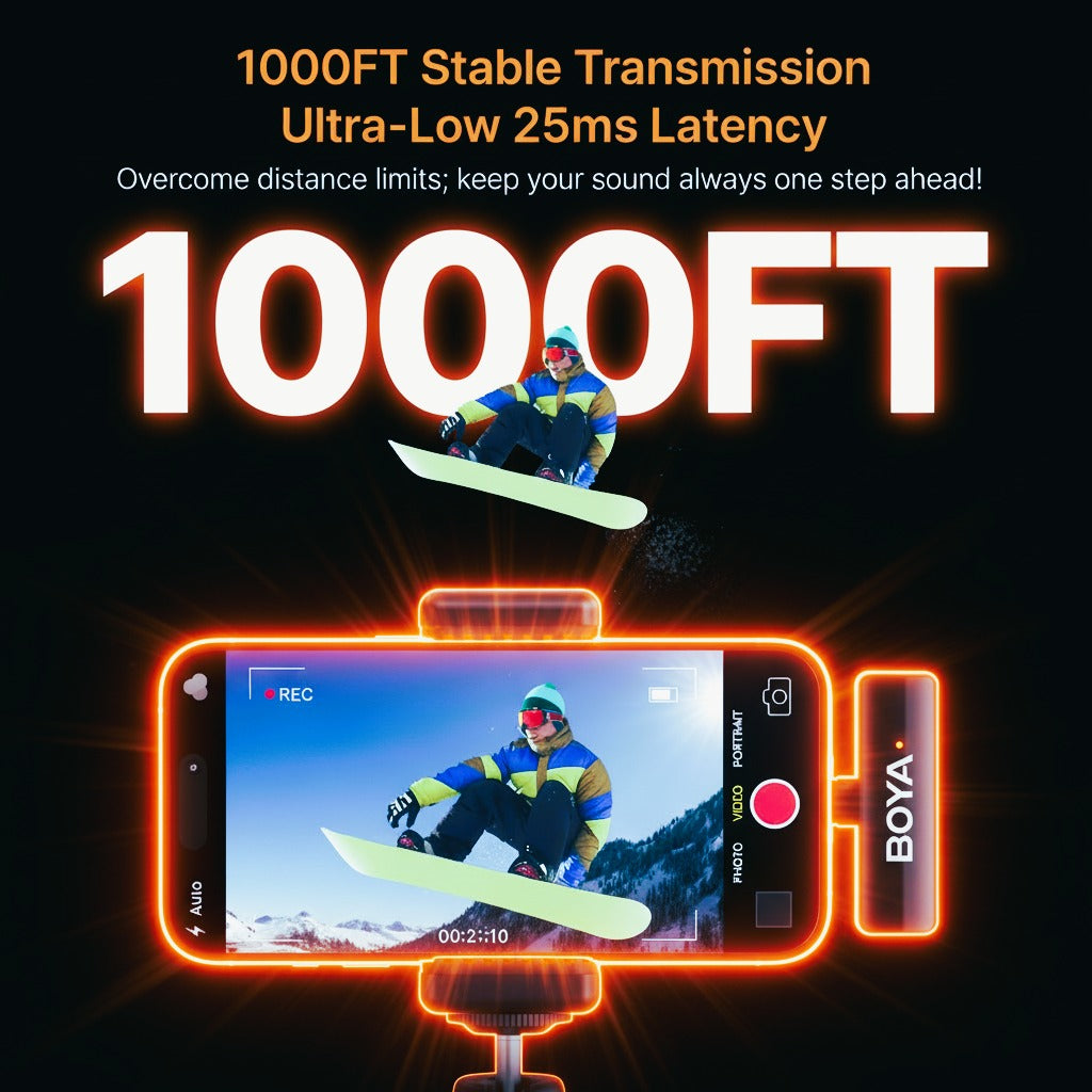 Boya microphone with smartphone display on a dark background, highlighting 1000FT stable transmission and latency.
